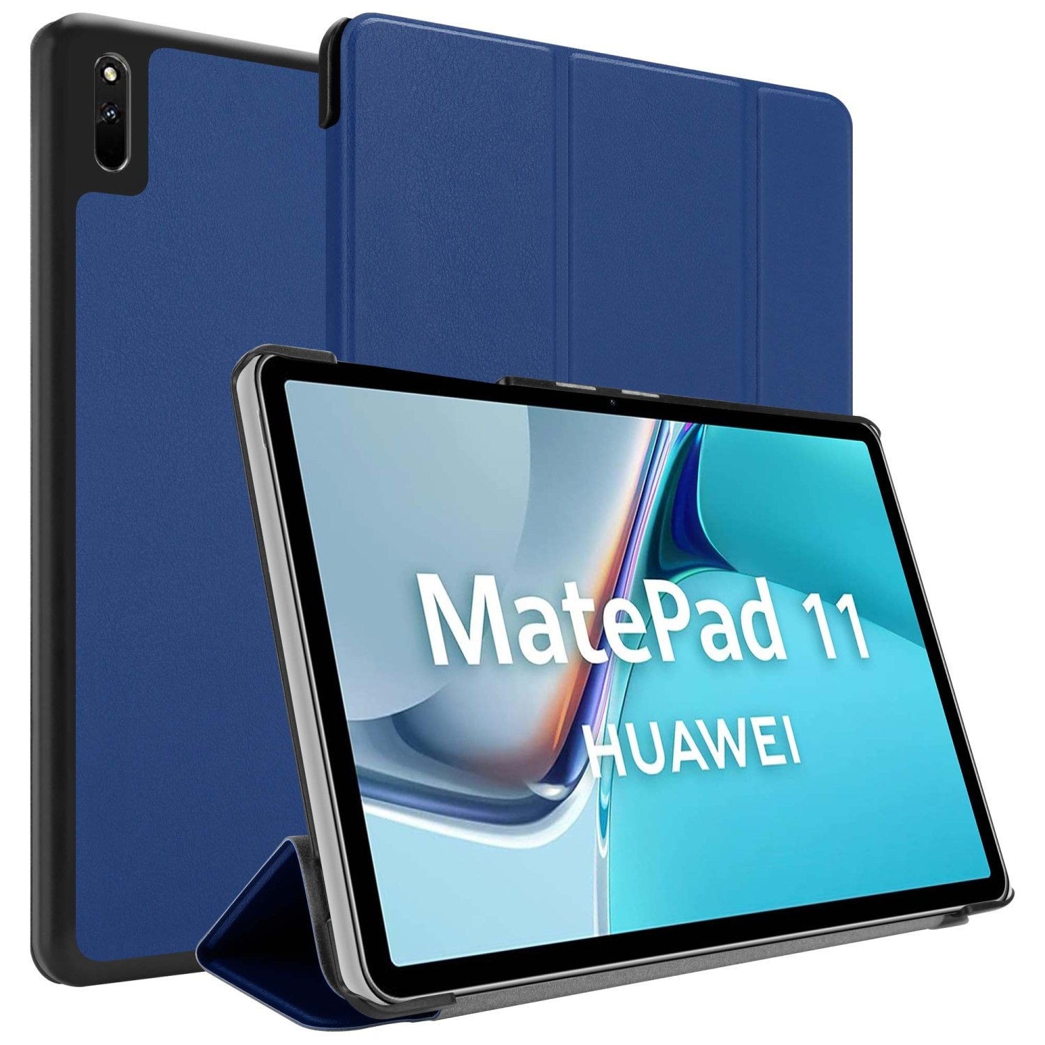 Eine blaue Tablet-Hülle wird geöffnet und geschlossen gezeigt, mit dem Huawei MatePad 11 auf dem Display.