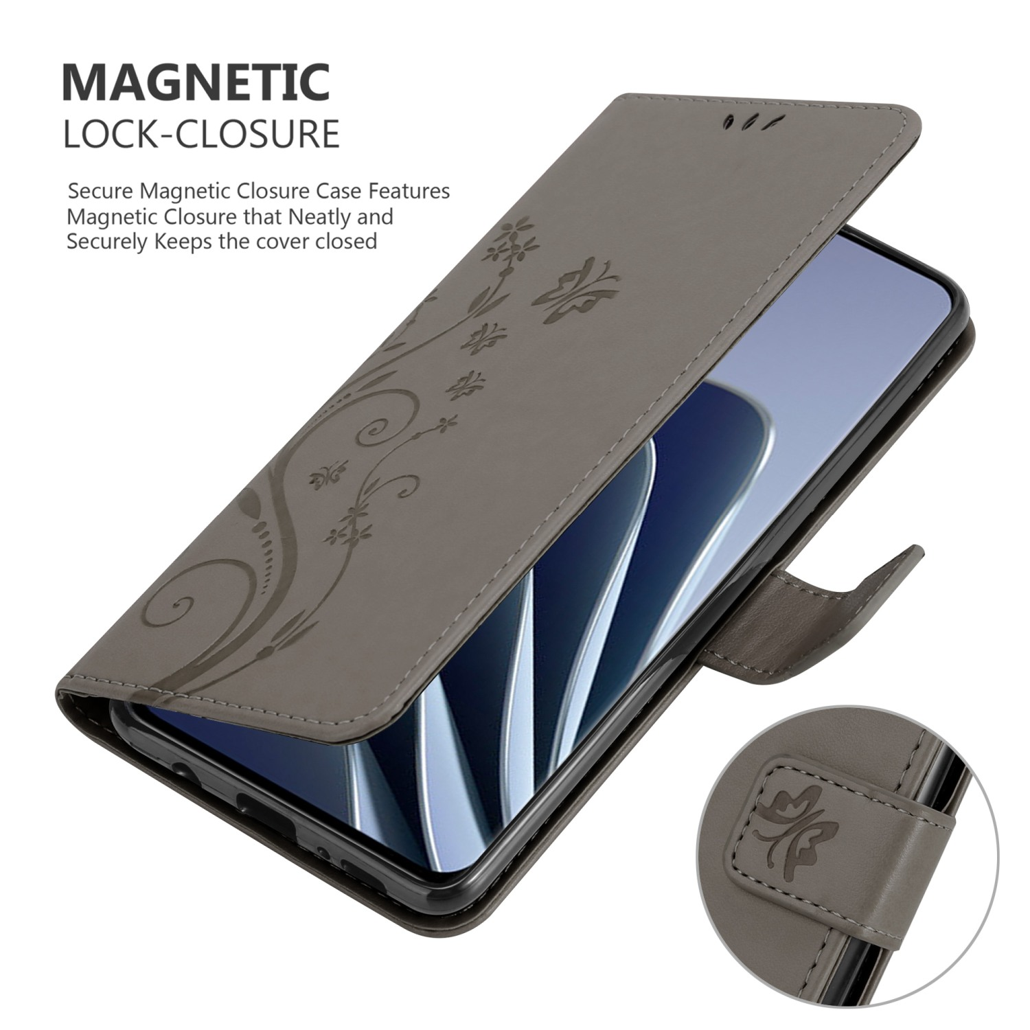 Un telefono è in una custodia grigia con un design floreale. La custodia è aperta.