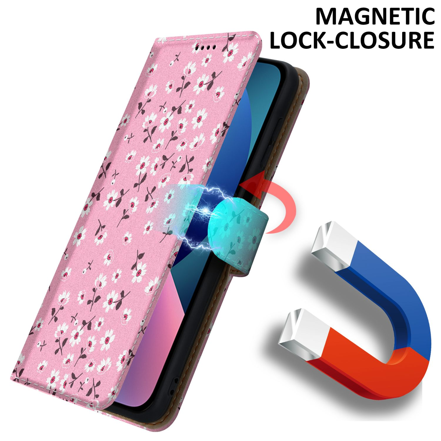 Custodia per telefono rosa con design a fiori bianchi. Chiusura magnetica e un'icona a magnete accanto.