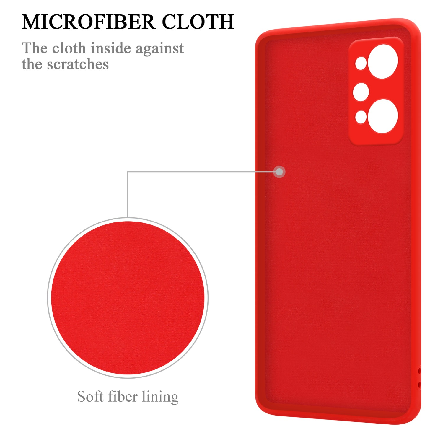 Interno custodia rossa con rivestimento in fibra morbida, etichettato 'Panno in microfibra'.