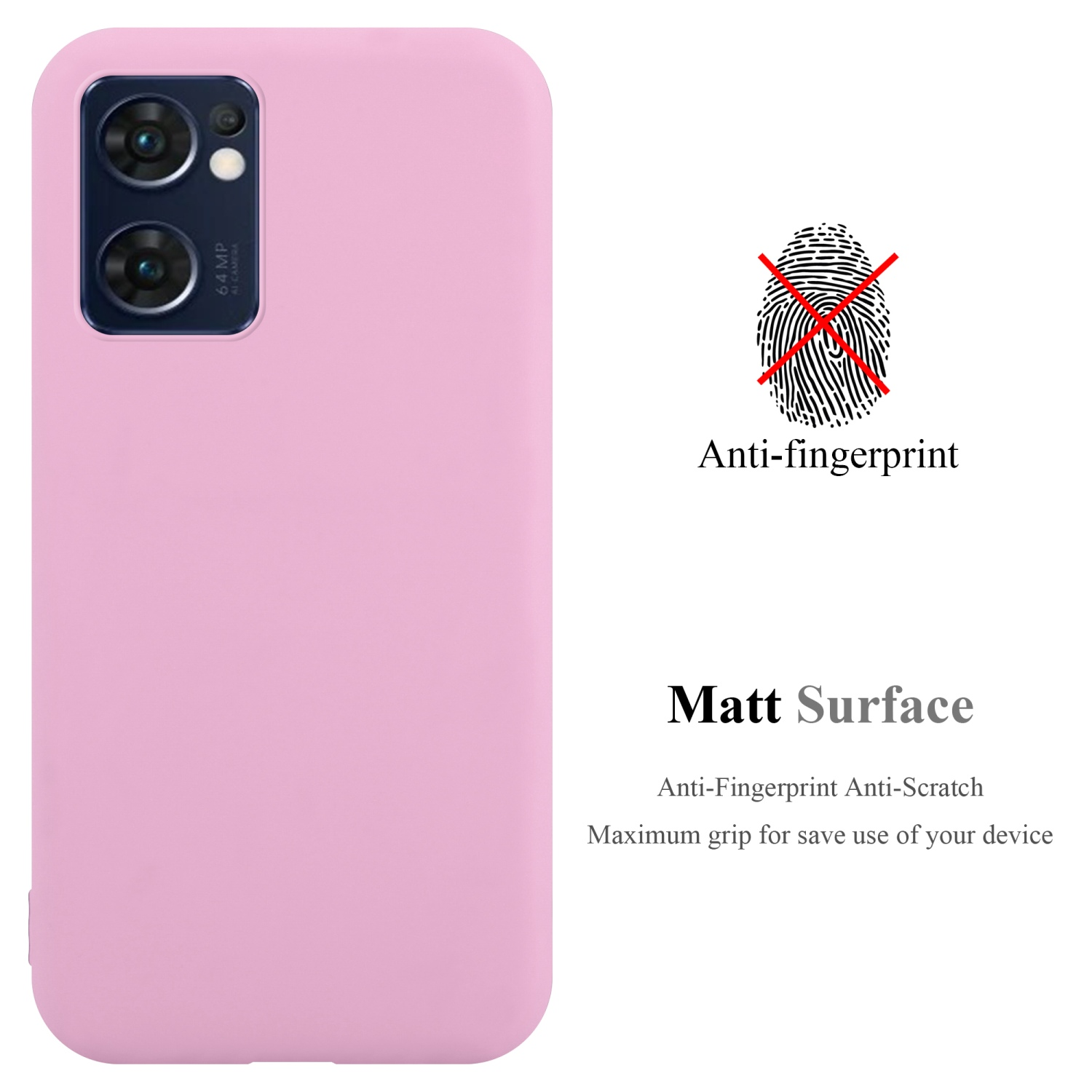 Custodia rosa per telefono, anti-impronte, superficie opaca, con immagine di test delle impronte.