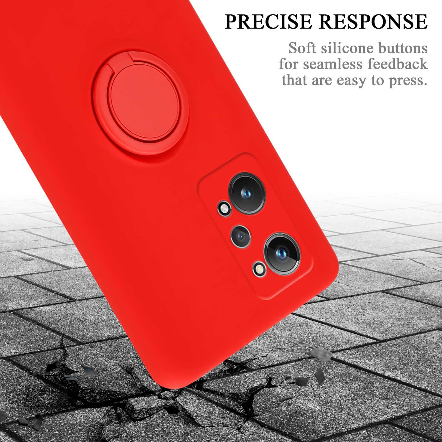Custodia rossa per telefono con supporto ad anello e ritagli per fotocamera.