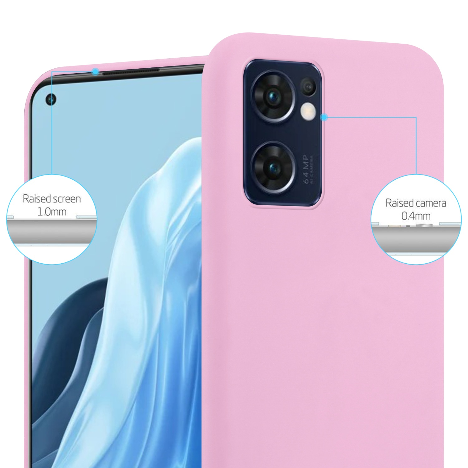 Custodia rosa per telefono con telefono. Primo piano mostra dettagli fotocamera e schermo.