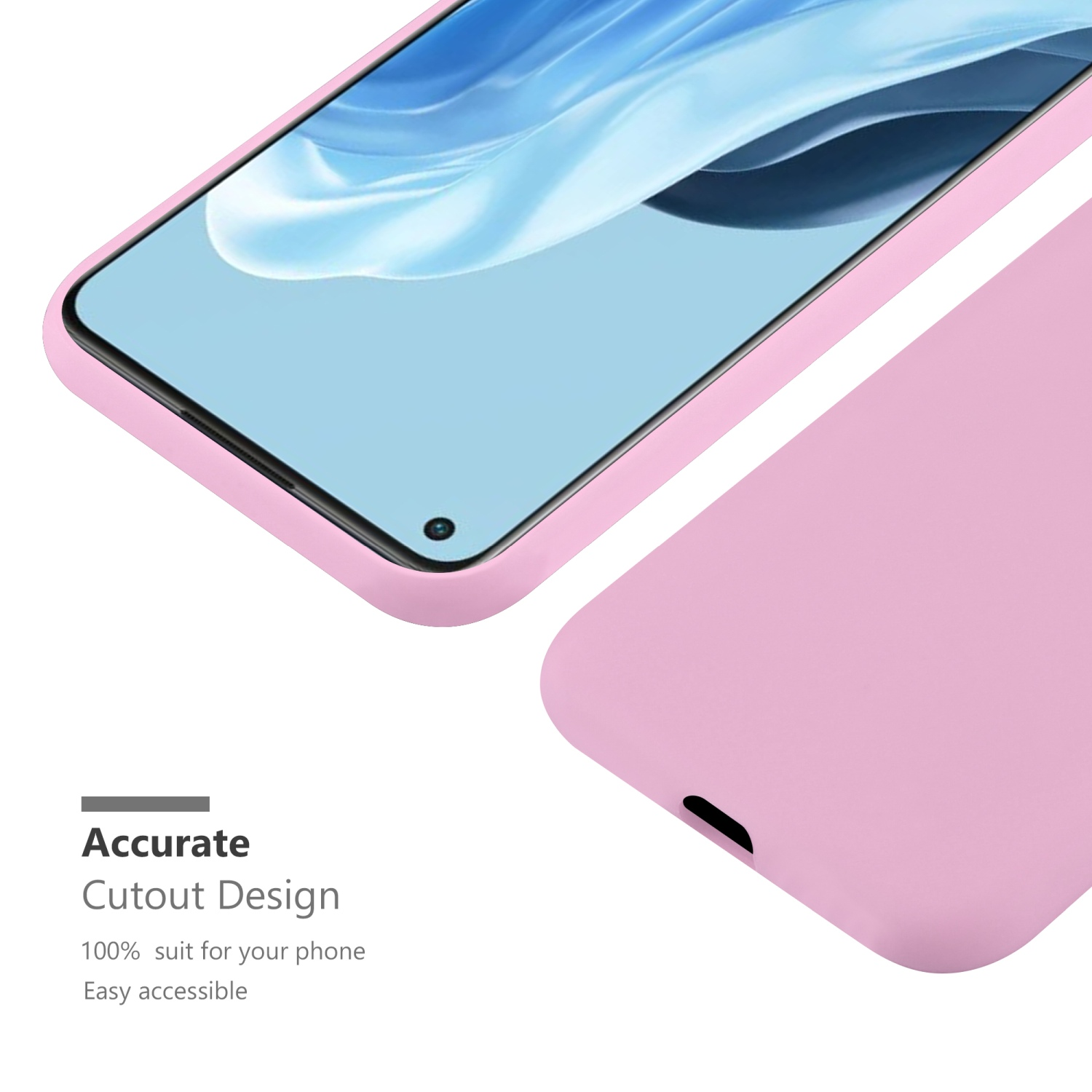 Una custodia per telefono rosa e uno schermo del telefono. Il testo dice: Design preciso del ritaglio.