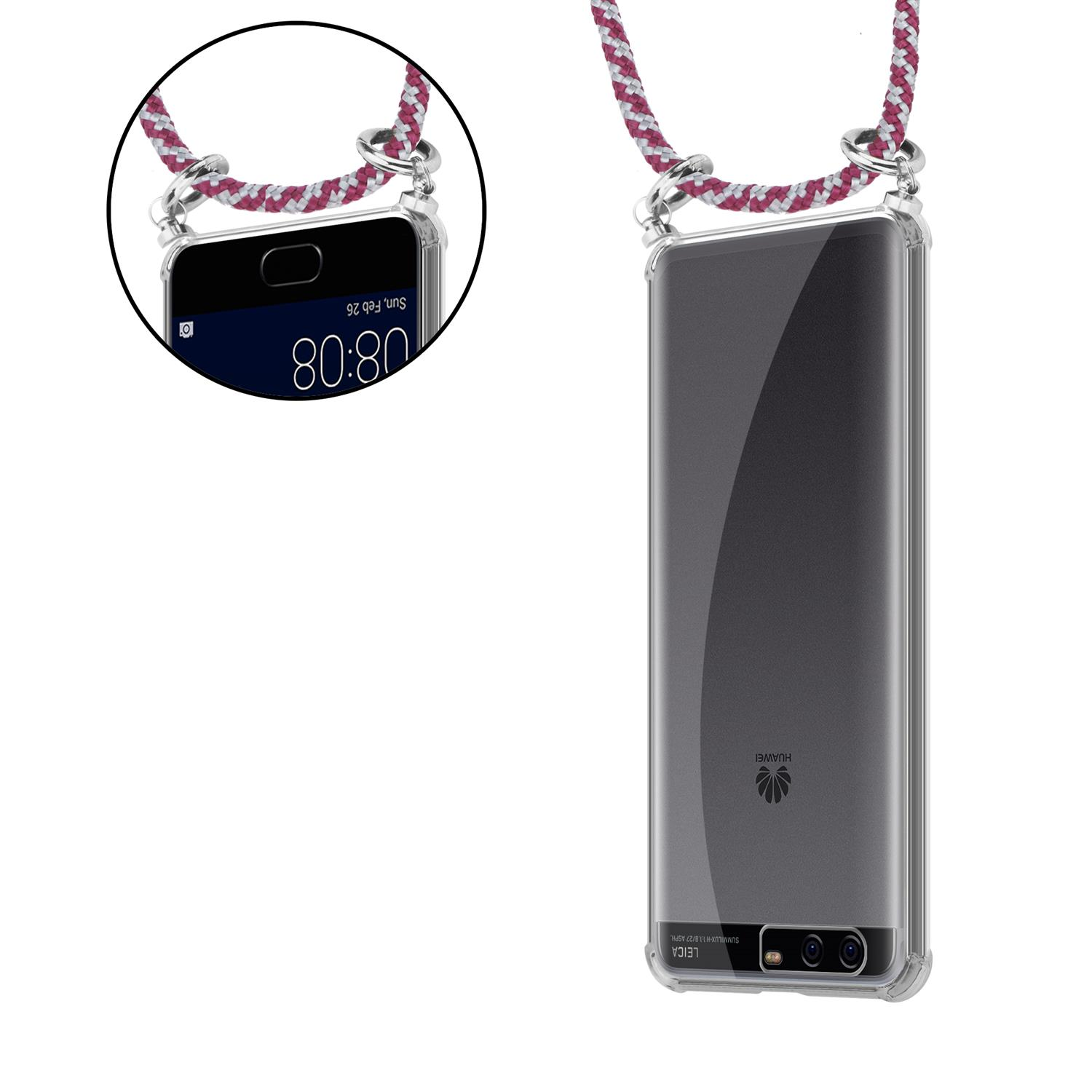 Ein Telefon in einer durchsichtigen Hülle mit einem Schlüsselband. Das Schlüsselband ist lila und weiß. Das Telefon zeigt die Zeit.
