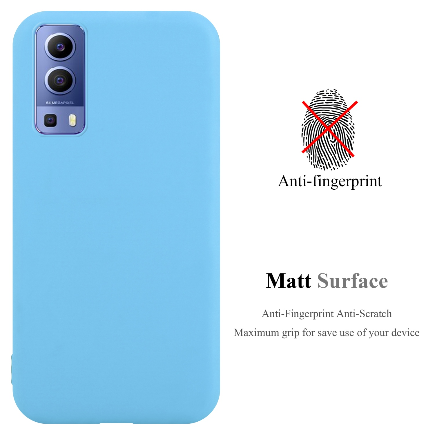 Un telefono azzurro con una custodia. La custodia ha una superficie opaca anti-impronta per la massima presa.