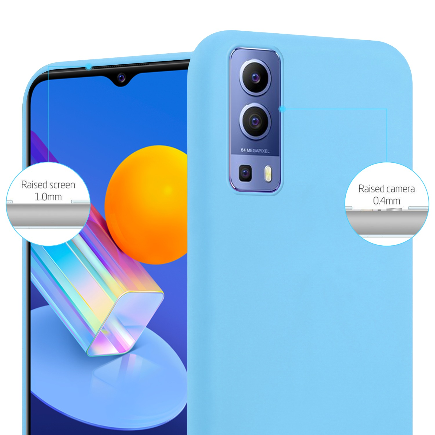Custodia blu per telefono con telefono. Schermo e fotocamera rialzati evidenziati. Sfondo arancione.