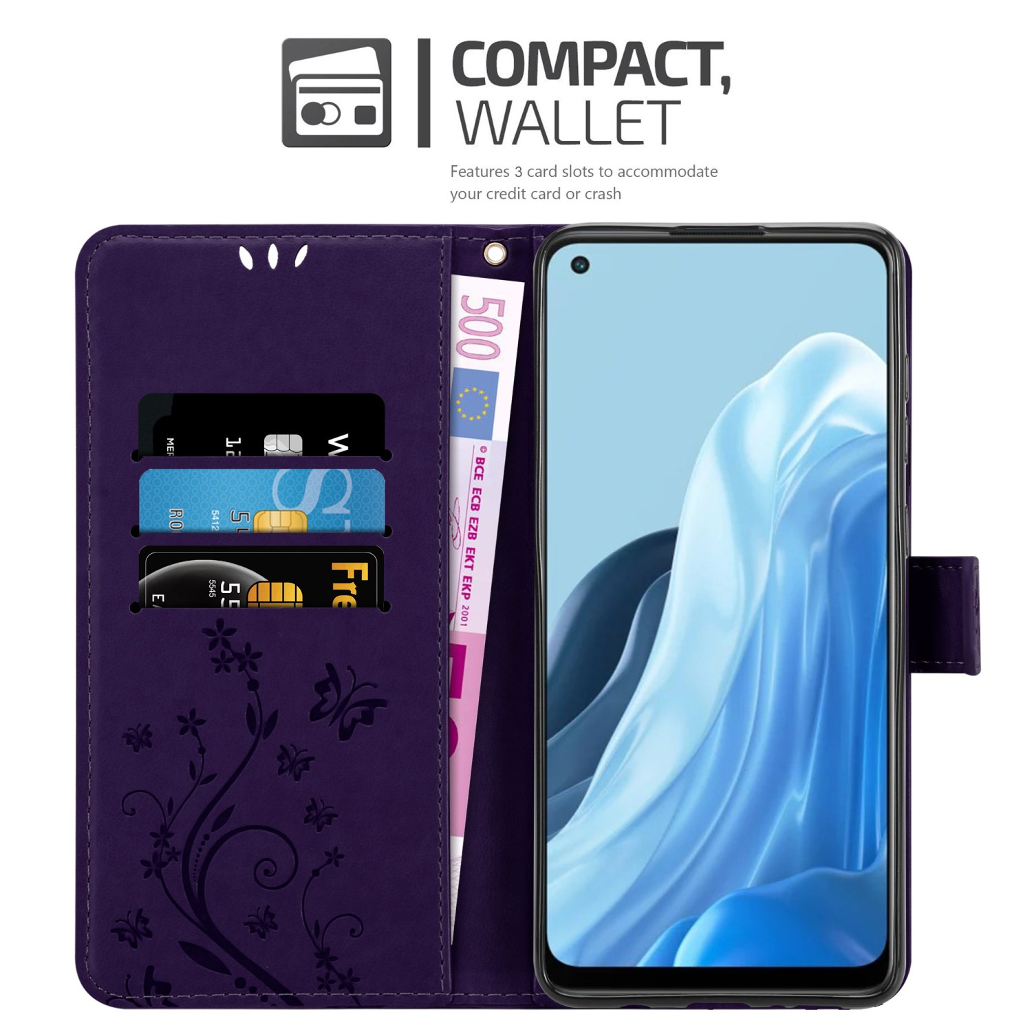 Custodia viola, aperta. Carte e denaro all'interno. Un telefono all'interno. Testo: Portafoglio compatto.