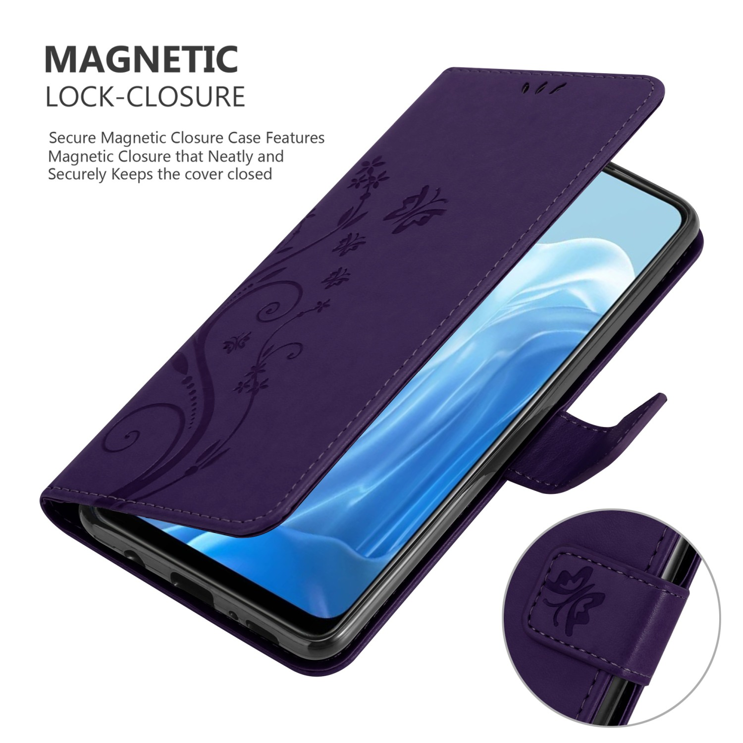 Una custodia per telefono viola, aperta, con un telefono all'interno. È visibile una chiusura magnetica.