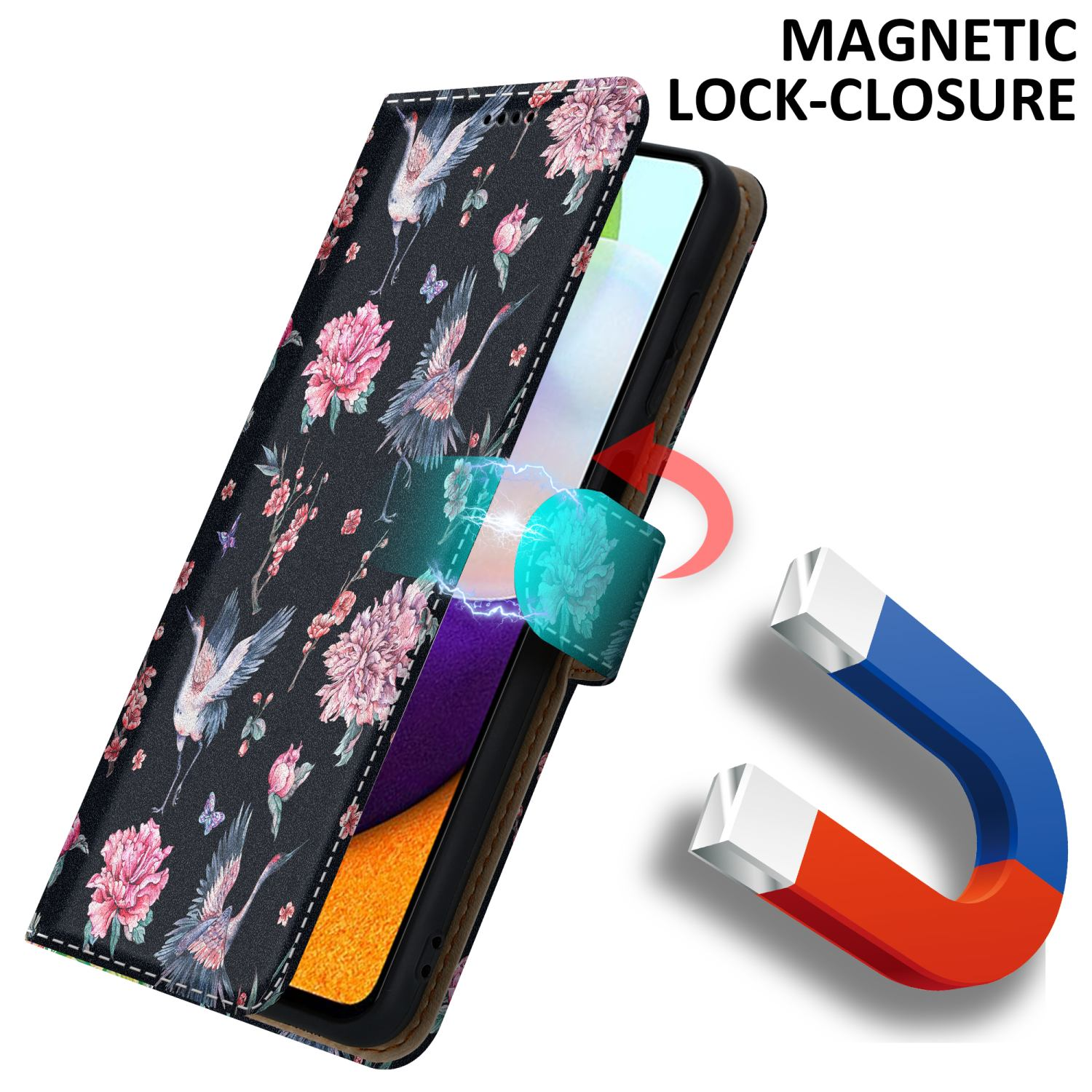 Custodia per telefono con design floreale, aperta. Il magnete sta attirando.