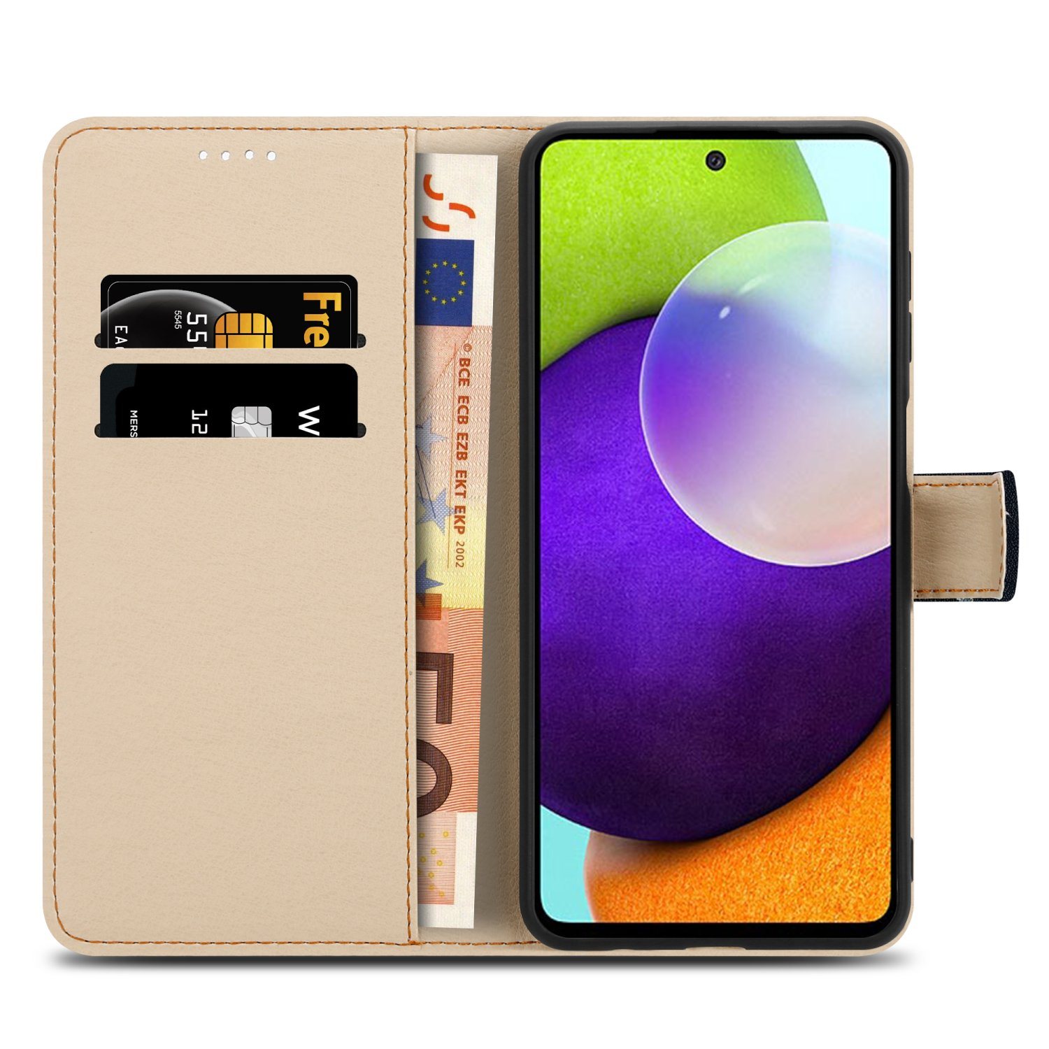 Telefono con carte e denaro in una custodia a portafoglio beige. Testo: Carte, denaro e telefono all'interno.