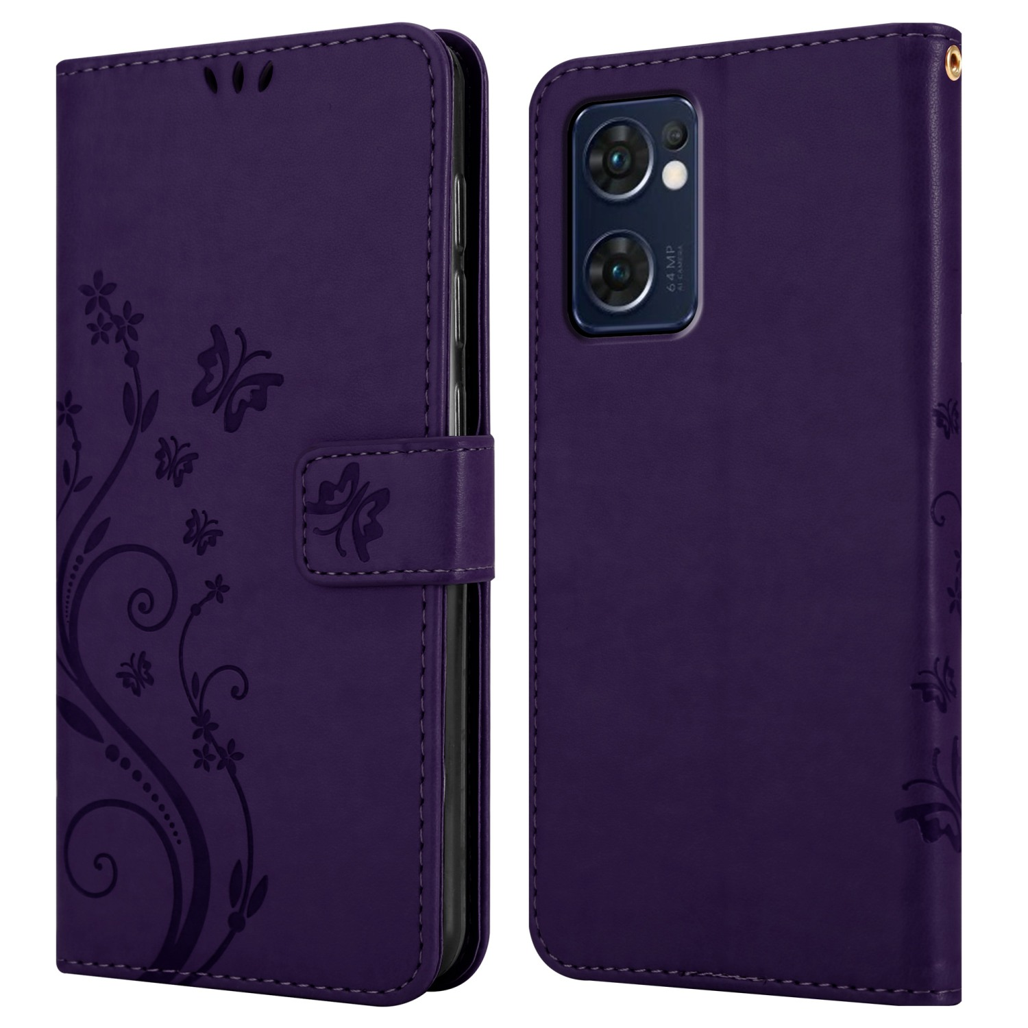 Una custodia viola per telefono con un design floreale è aperta, mostrando il telefono all'interno.