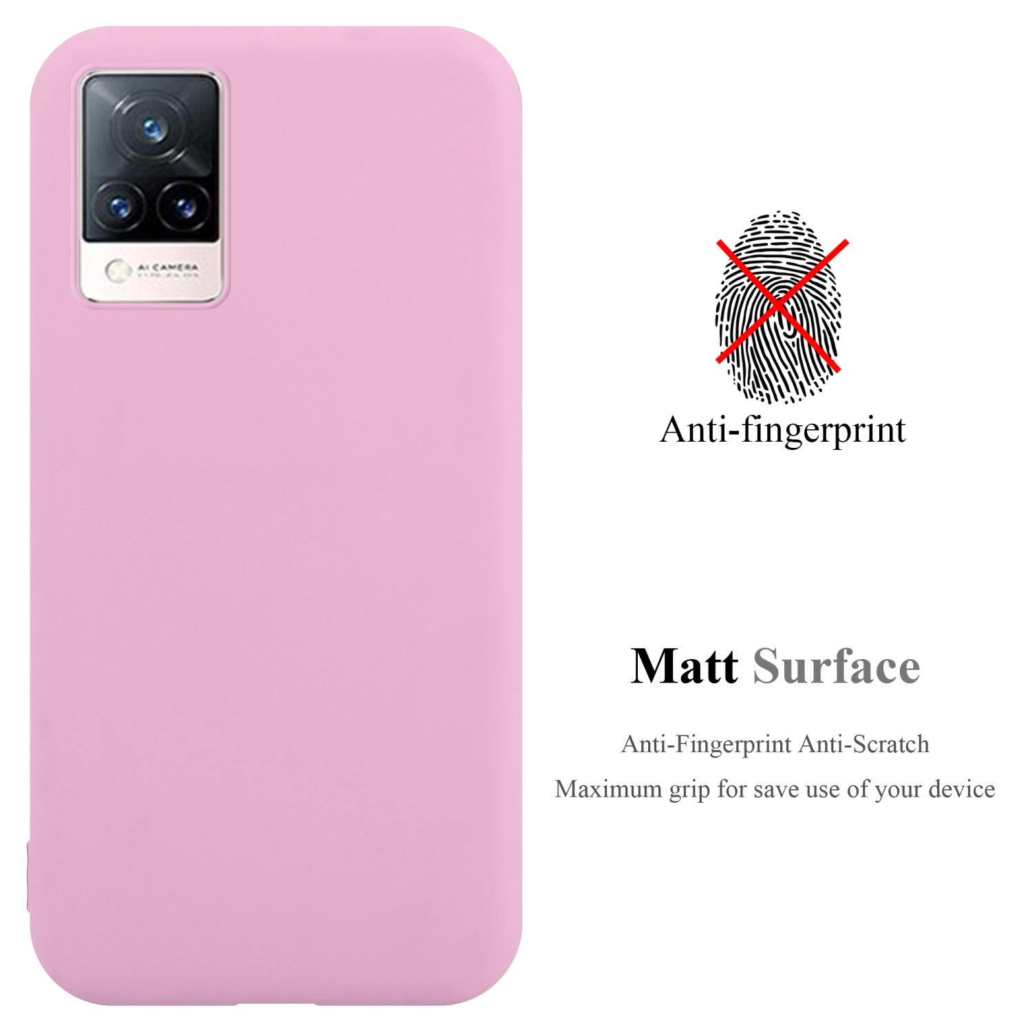Custodia per telefono rosa con testo anti-impronta e simbolo dell'impronta digitale.