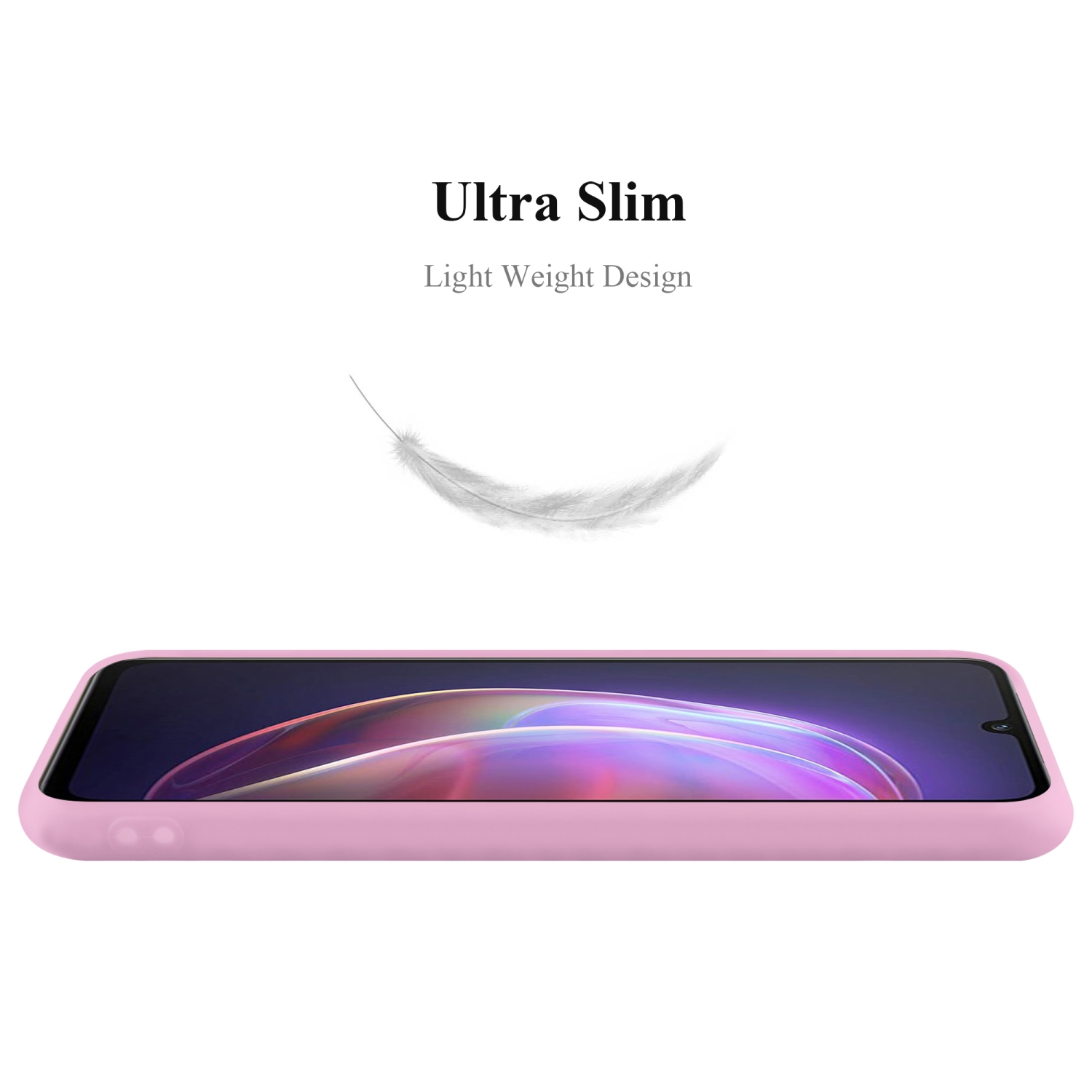 Custodia rosa con telefono, grafica a piuma. Il testo dice 'Ultra Slim, Light Weight Design'.