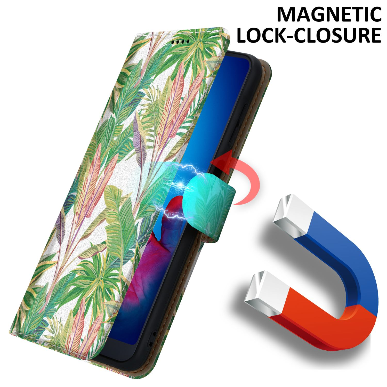 Handyhülle mit grünen Blättern und Magnetverschluss auf weißem Hintergrund.