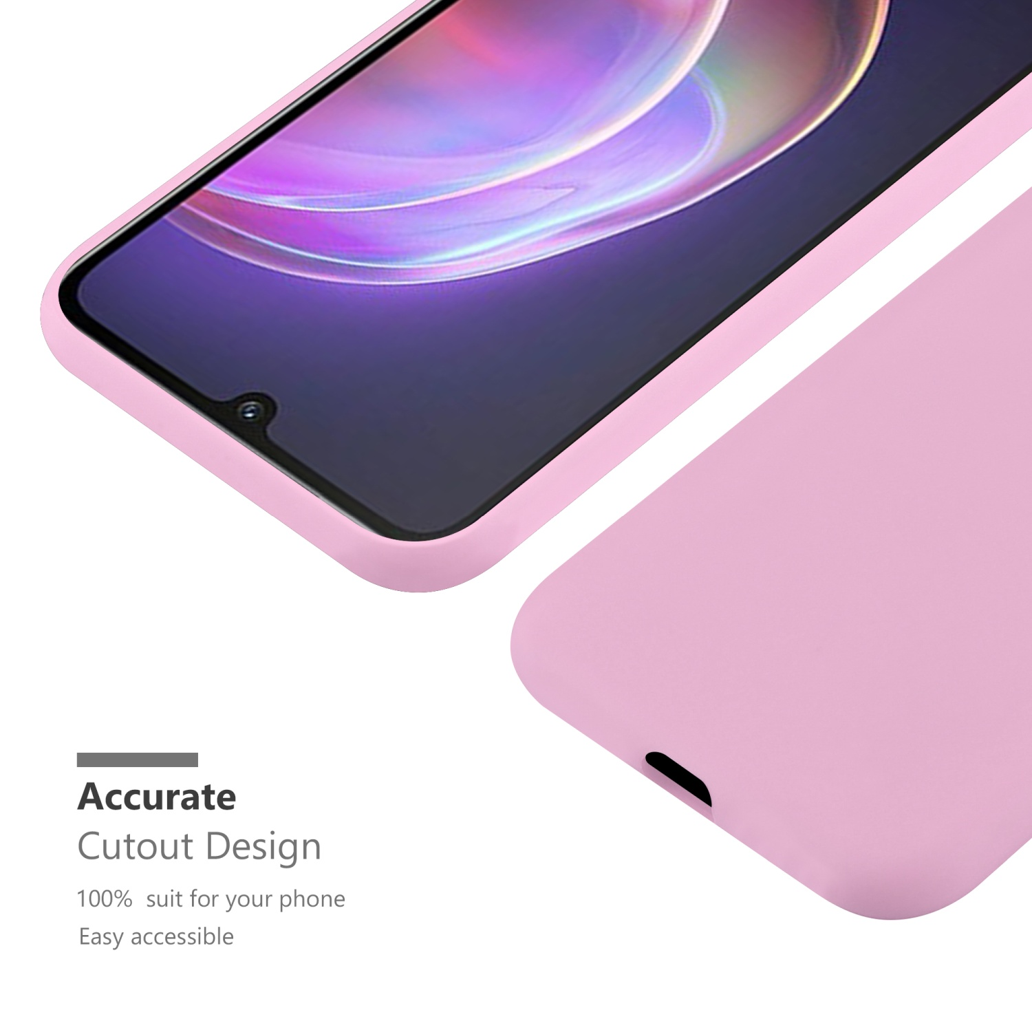 Custodia rosa, con un telefono all'interno. Testo: Design con ritaglio preciso, facile accesso.