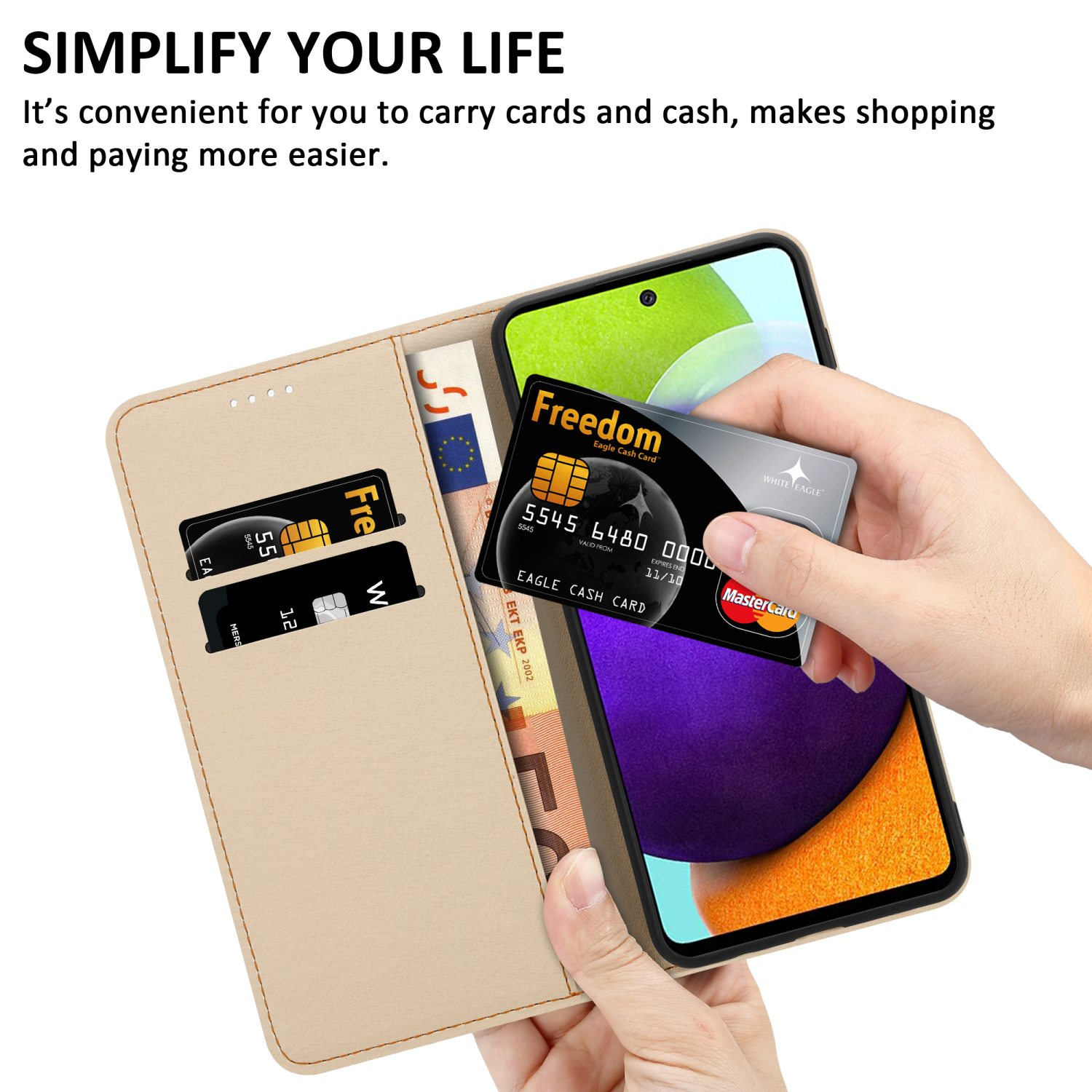 Custodia a portafoglio beige e una mano che tiene un telefono con una carta. Testo: Semplifica la tua vita.