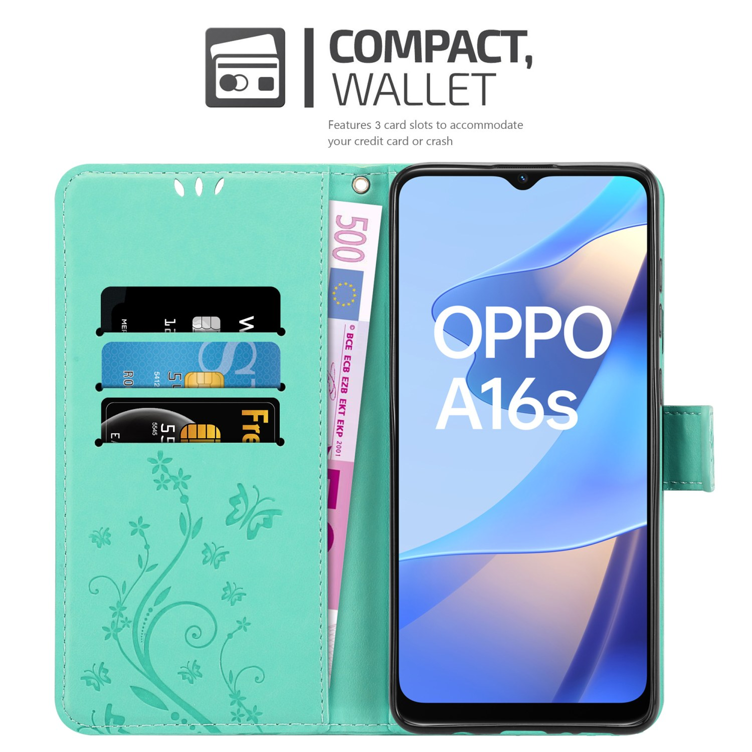 Una custodia per telefono turchese aperta con carte e una banconota da 500 euro. Un telefono con 'OPPO A16s' è all'interno.