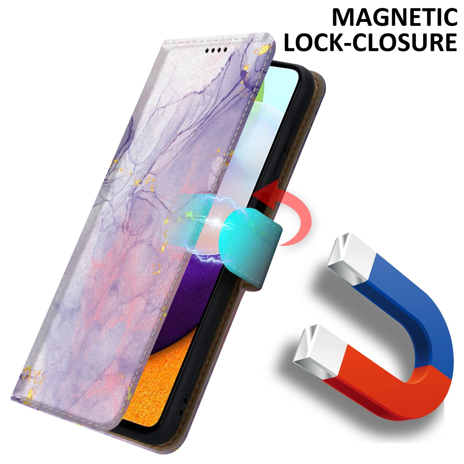 Custodia aperta con design marmorizzato, mostra lo schermo del telefono. Testo: Chiusura magnetica.