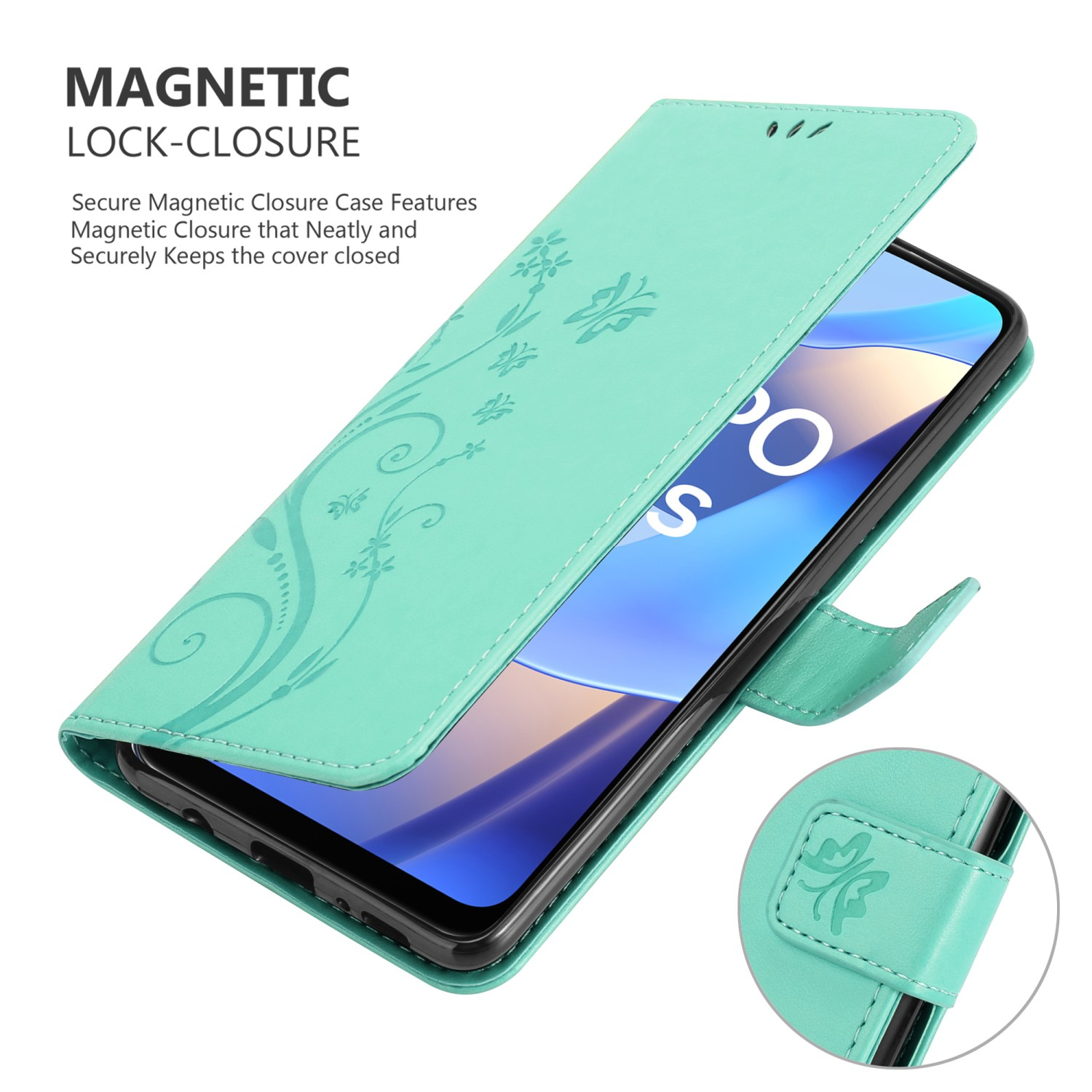 Una custodia per telefono verde acqua è aperta, rivelando un telefono. La custodia ha un design floreale.