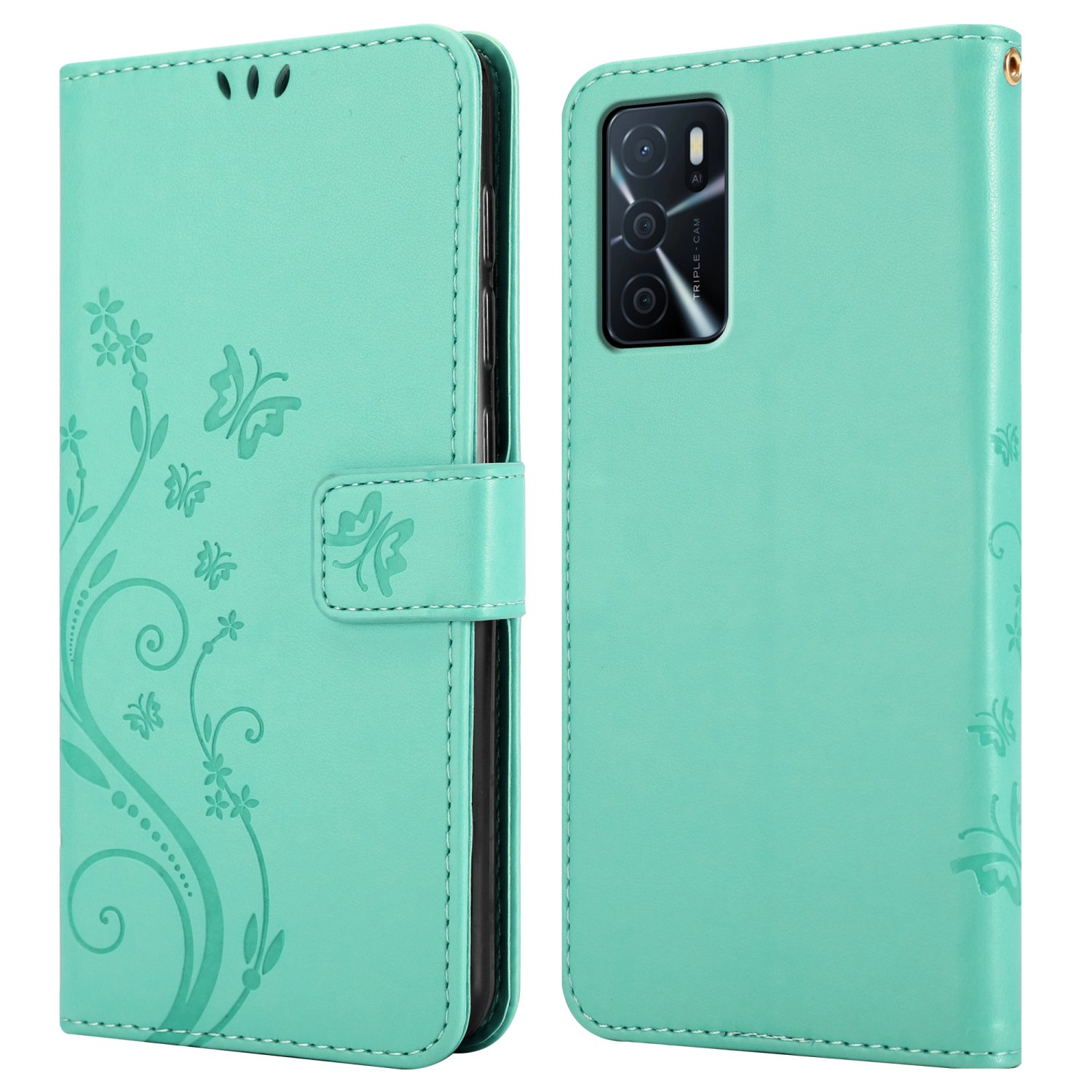 Custodia verde menta, aperta per mostrare il telefono all'interno. Design floreale e farfalle.