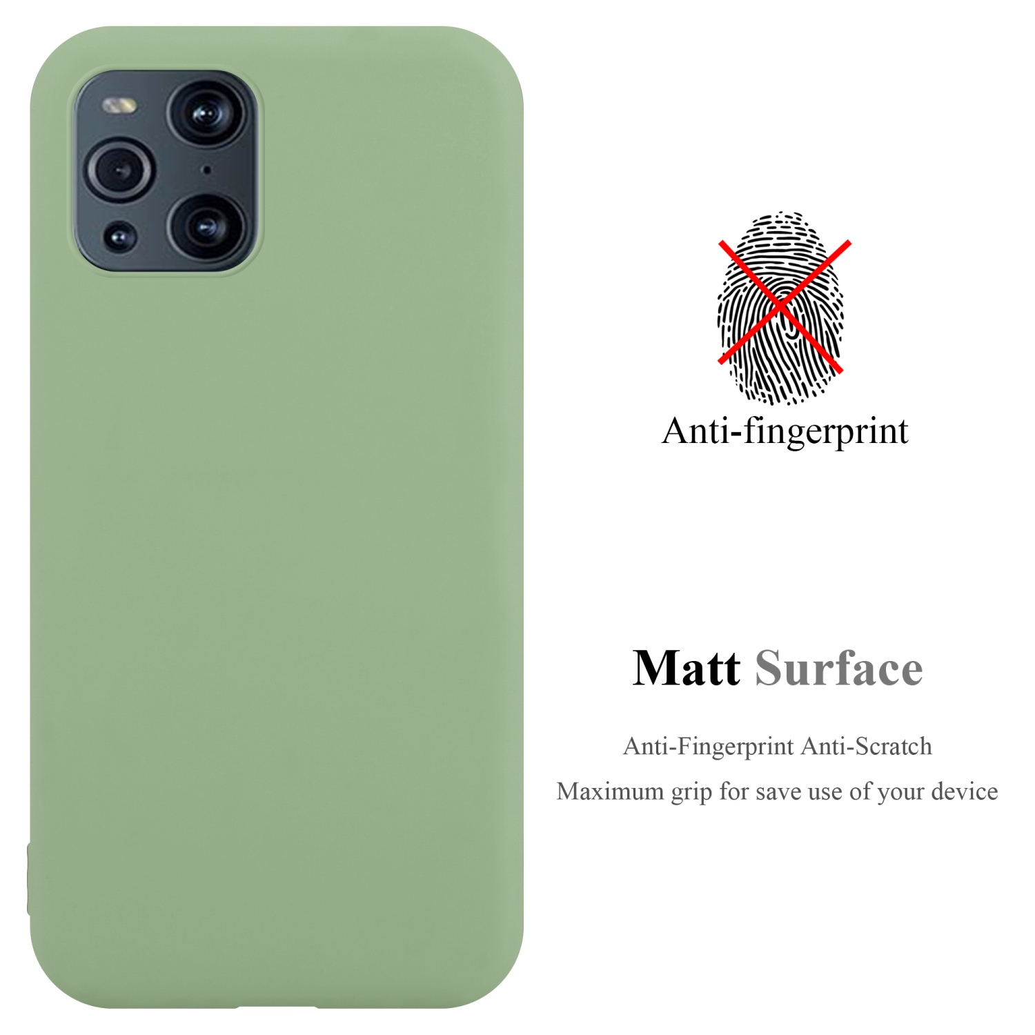 Custodia verde per telefono, con icona rossa anti-impronte. Testo: Superficie opaca, anti-impronte, antigraffio.