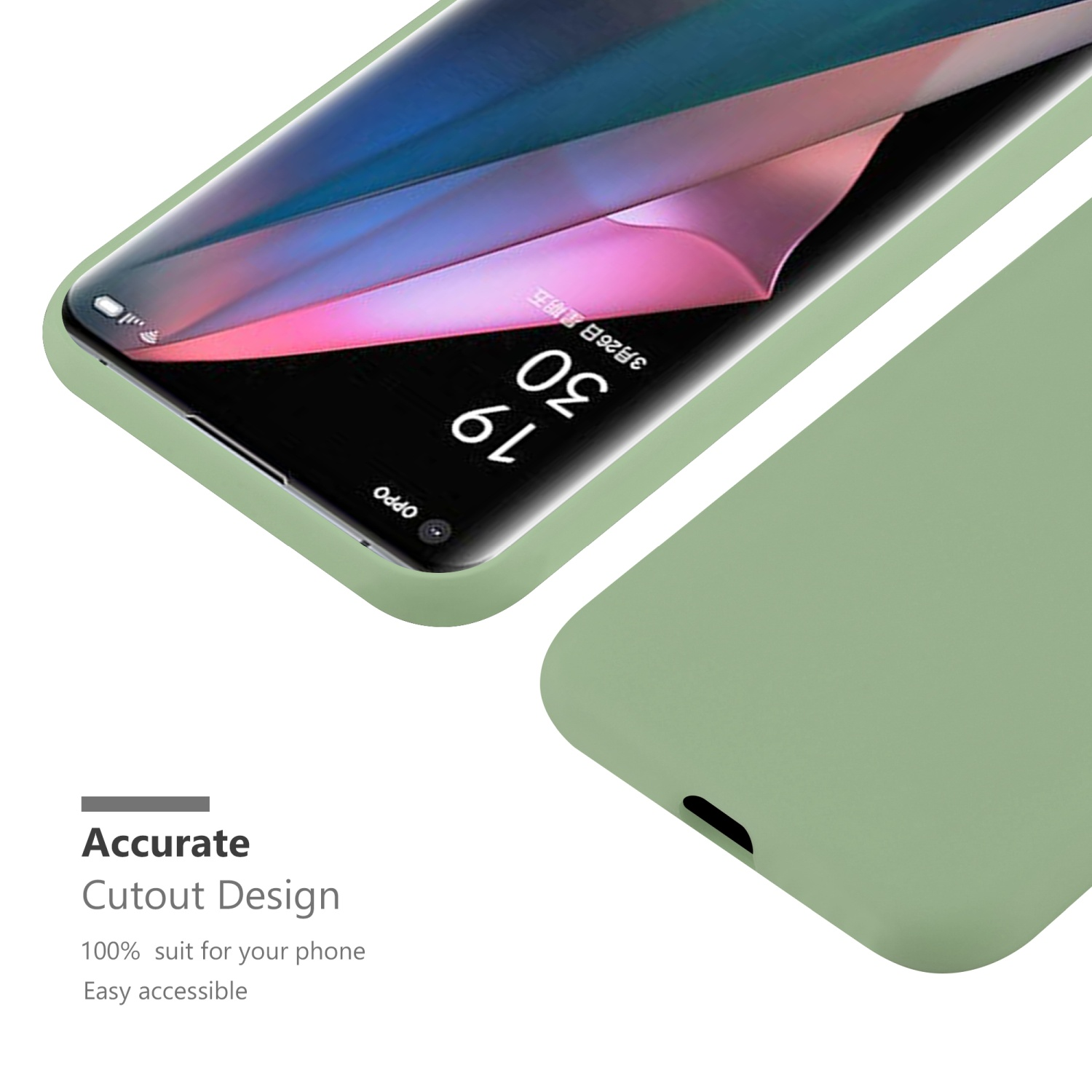 Una custodia per telefono su sfondo bianco. Il telefono è all'interno con cornice verde.