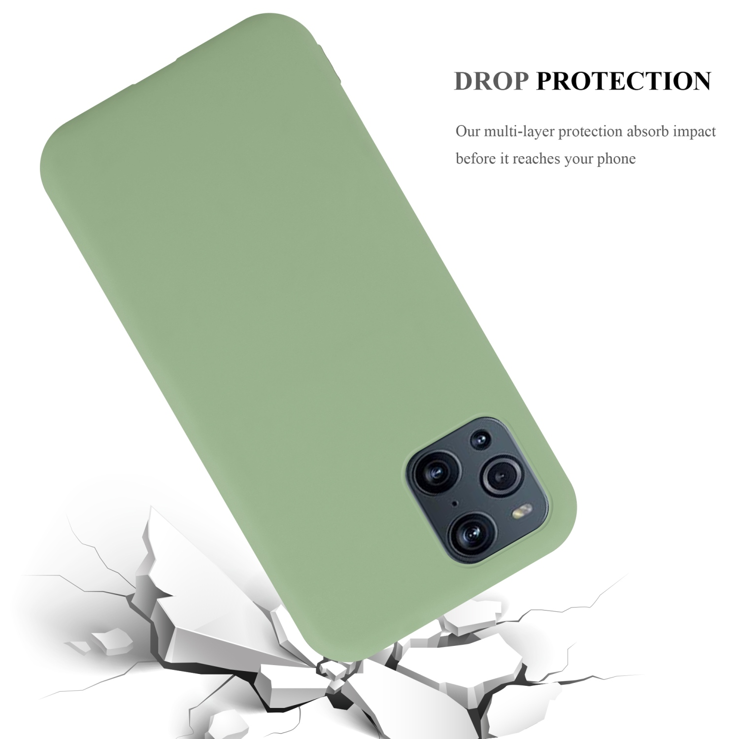 Una custodia verde per telefono con un telefono che cade e un messaggio di protezione dalle cadute.