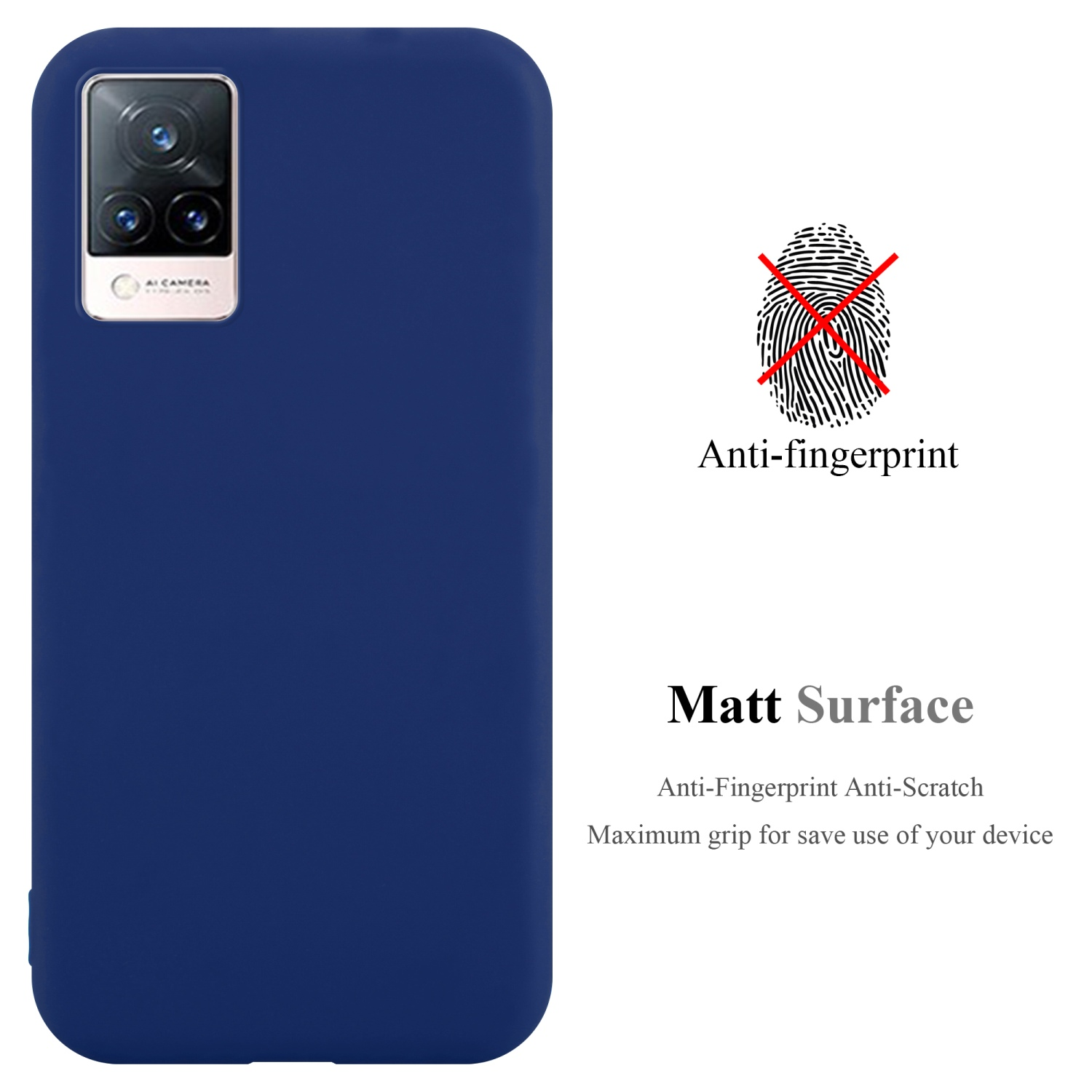 Una custodia blu navy con sfondo bianco. Mostra caratteristiche anti-impronta e superficie opaca.