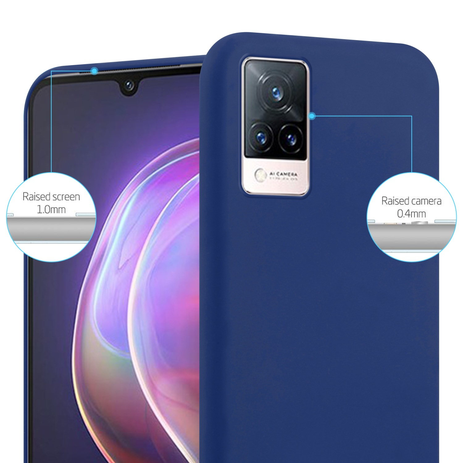Custodia blu con telefono. Testo mostra protezione schermo e fotocamera rialzata.