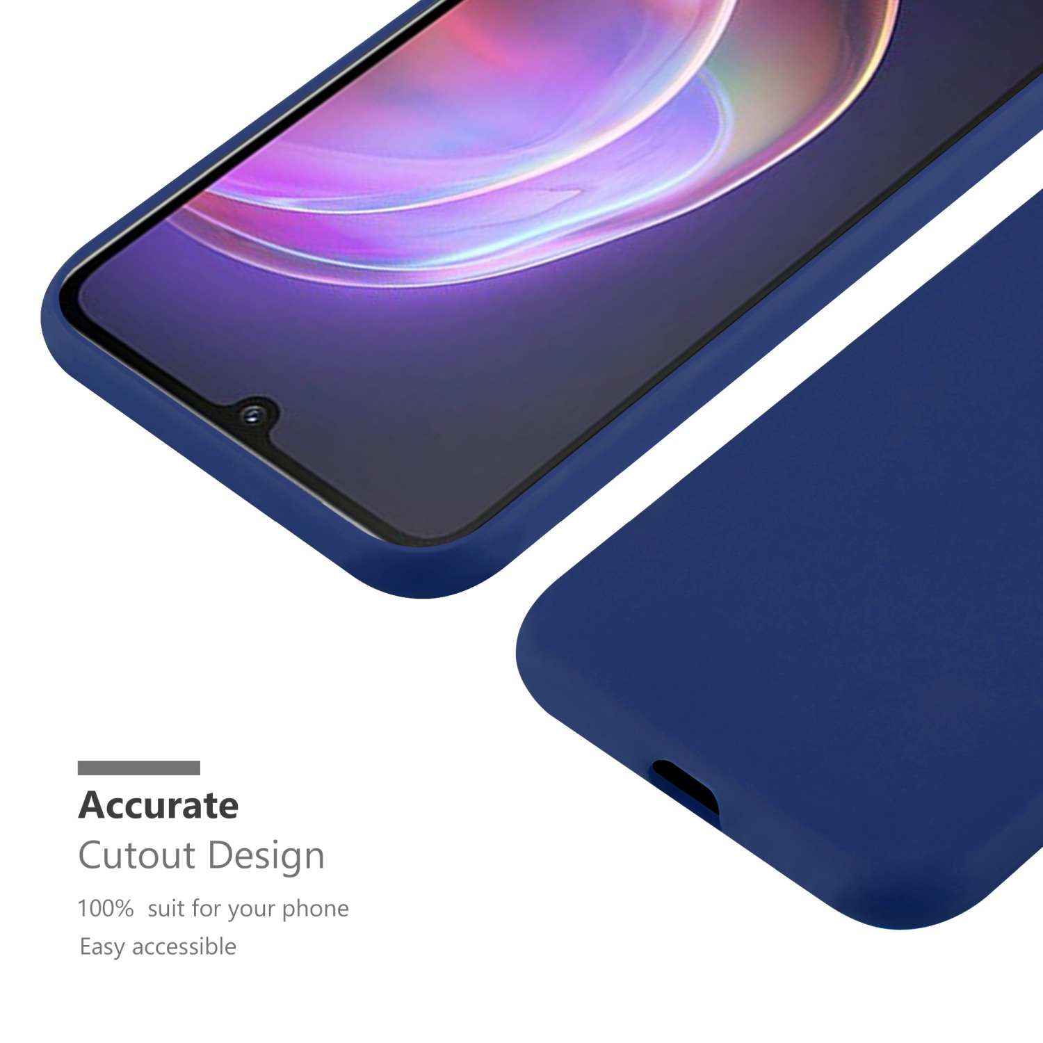 Primo piano di una custodia per telefono blu navy, con uno schermo nero visibile nel telaio. Sfondo bianco.