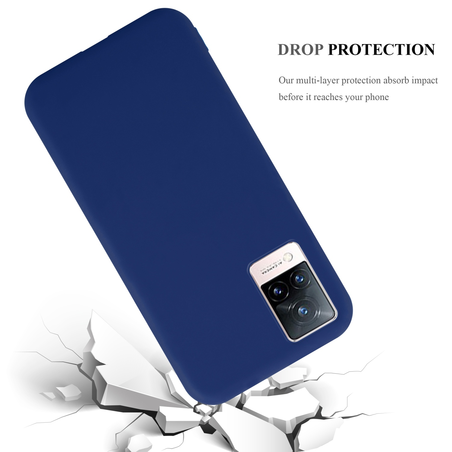 Una custodia blu che cade, rompendo una superficie sottostante. Testo: 'Drop Protection'.