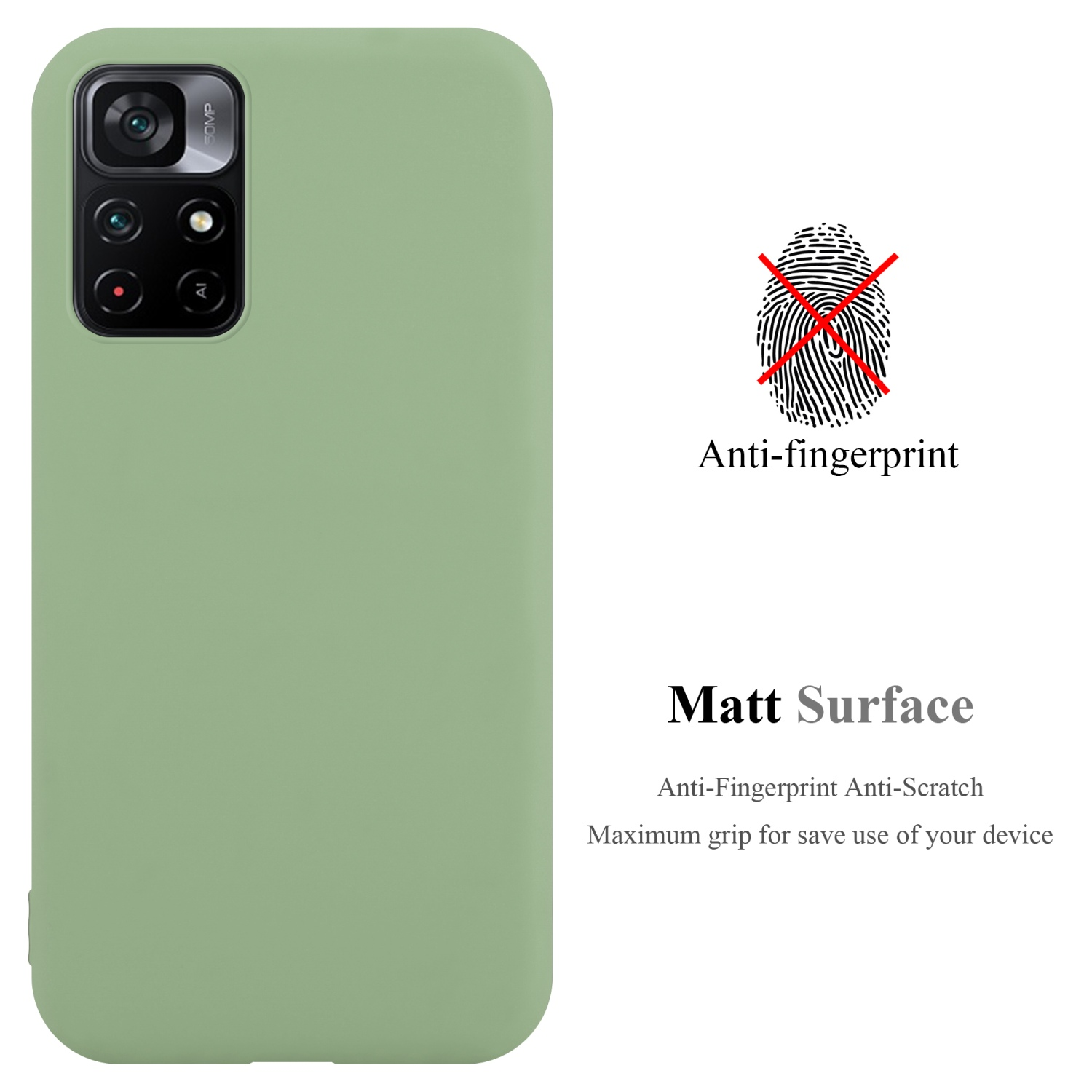 Custodia verde con telefono. Superficie anti-impronte.