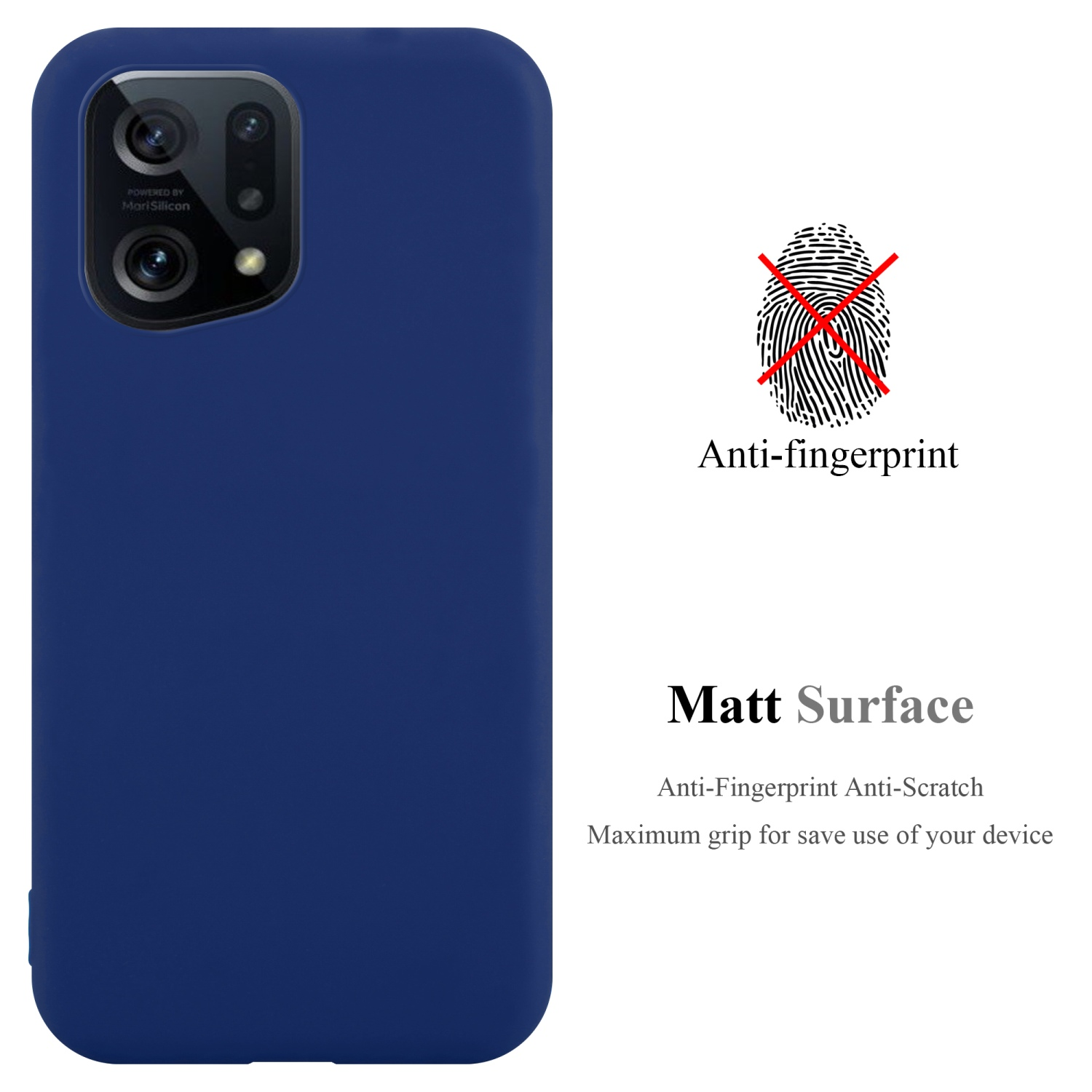 Eine dunkelblaue Handyhülle. Ein Fingerabdrucksymbol durchgestrichen. Text: Matt Surface.