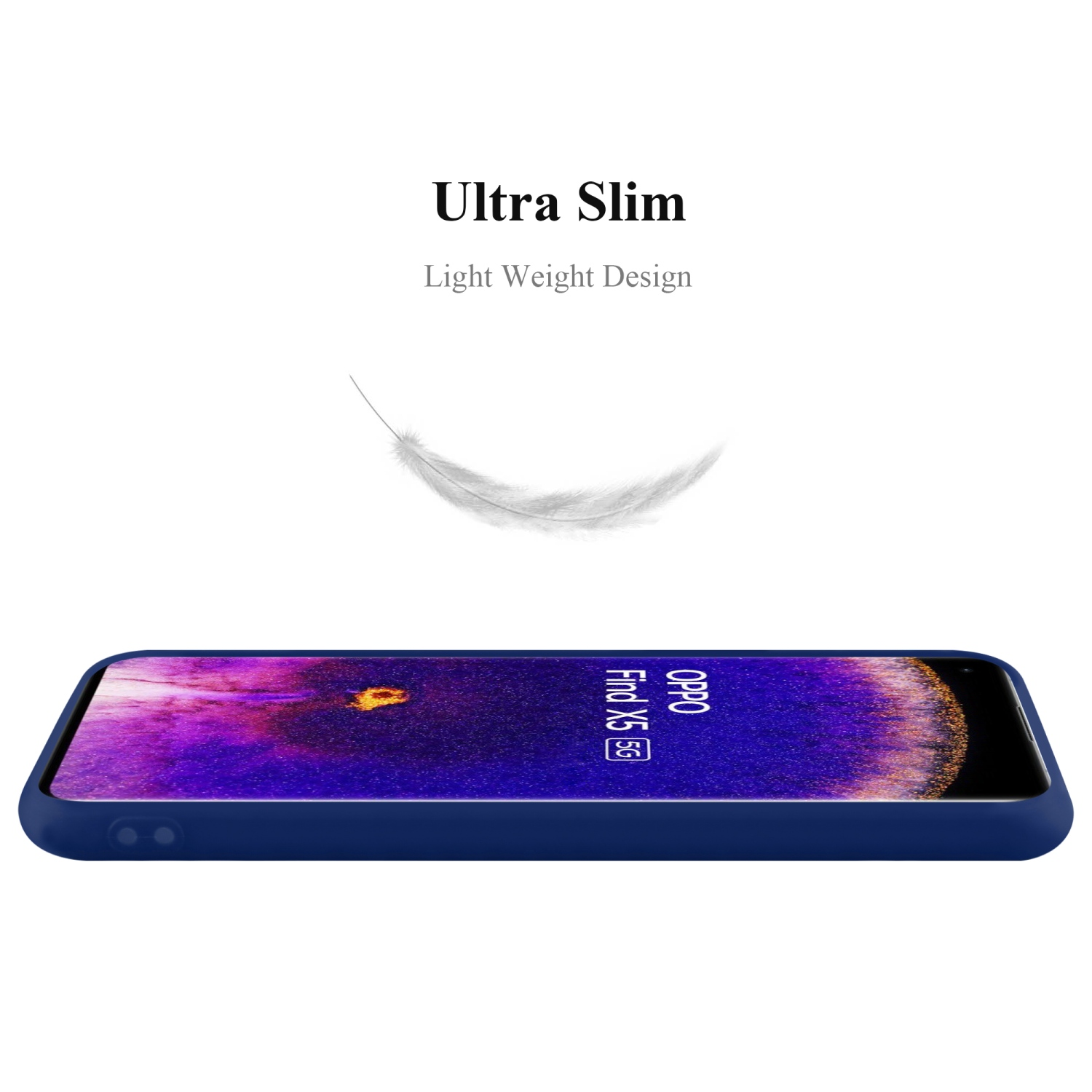 Eine blaue Handyhülle mit einem Telefon darin, eine weiße Feder schwebt. Text: 'Ultra Slim, Light Weight Design'.