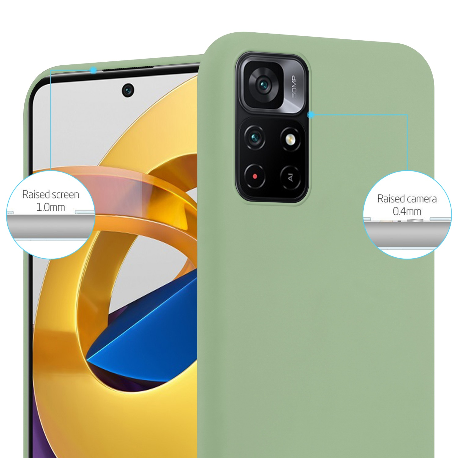 Una custodia verde menta con telefono all'interno. Il testo mostra i dettagli dello schermo e della fotocamera rialzati.