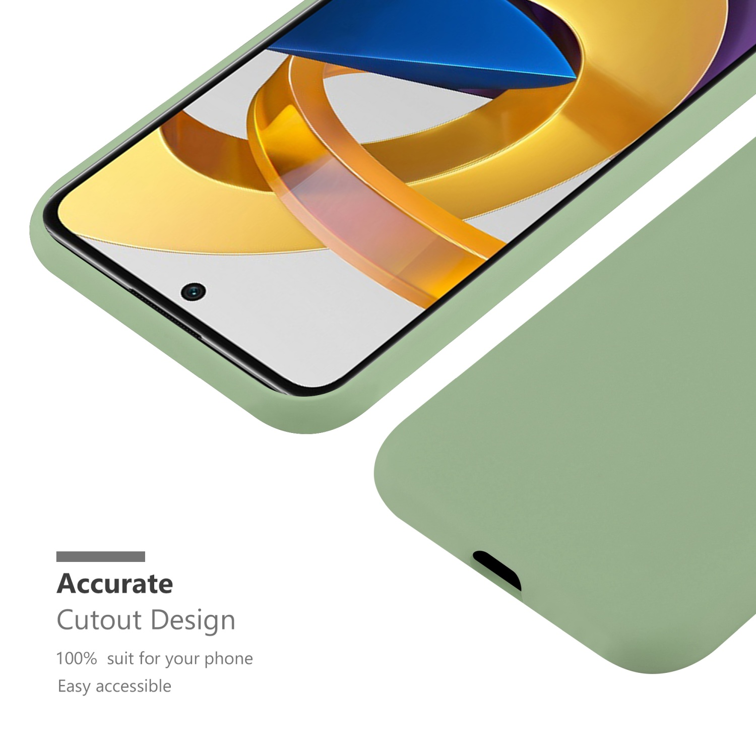 Custodia verde per telefono con telefono all'interno. Testo: Accurate Cutout Design 100% suit for your phone Easy accessible.