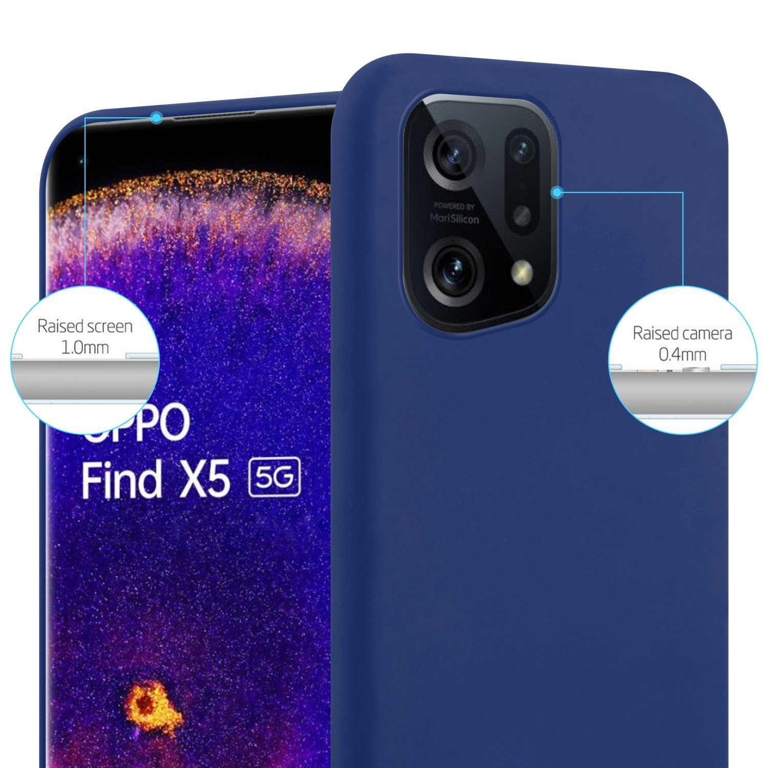 Blaue Handyhülle mit Telefon. Das Telefon hat mehrere Kameras.