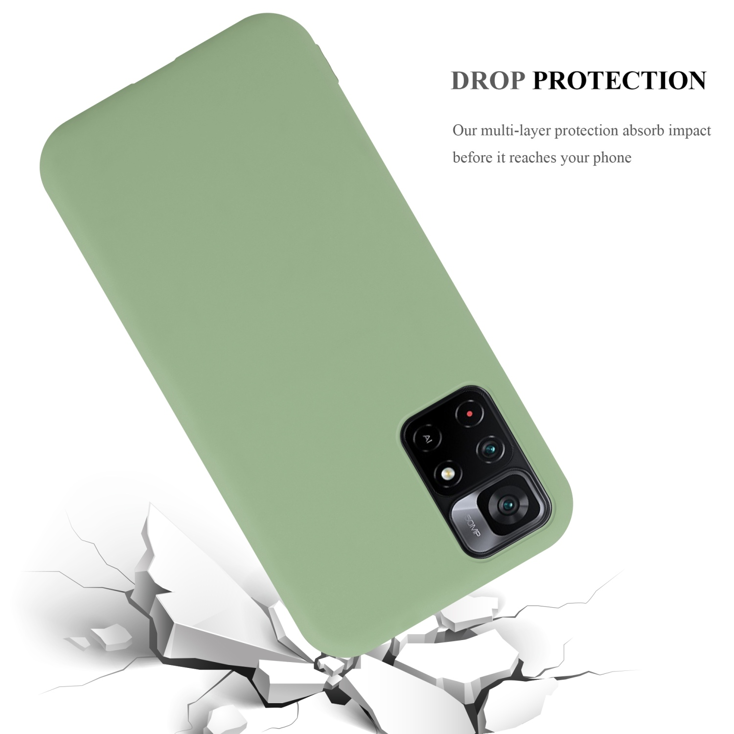 Custodia verde per telefono con ritagli per fotocamera, su superficie crepata.