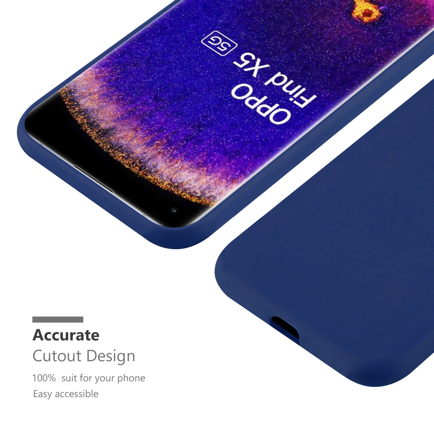 Eine blaue Handyhülle und ein Telefon. Die Hülle hat ein präzises Ausschnittdesign. Das Telefon hat einen Bildschirm.