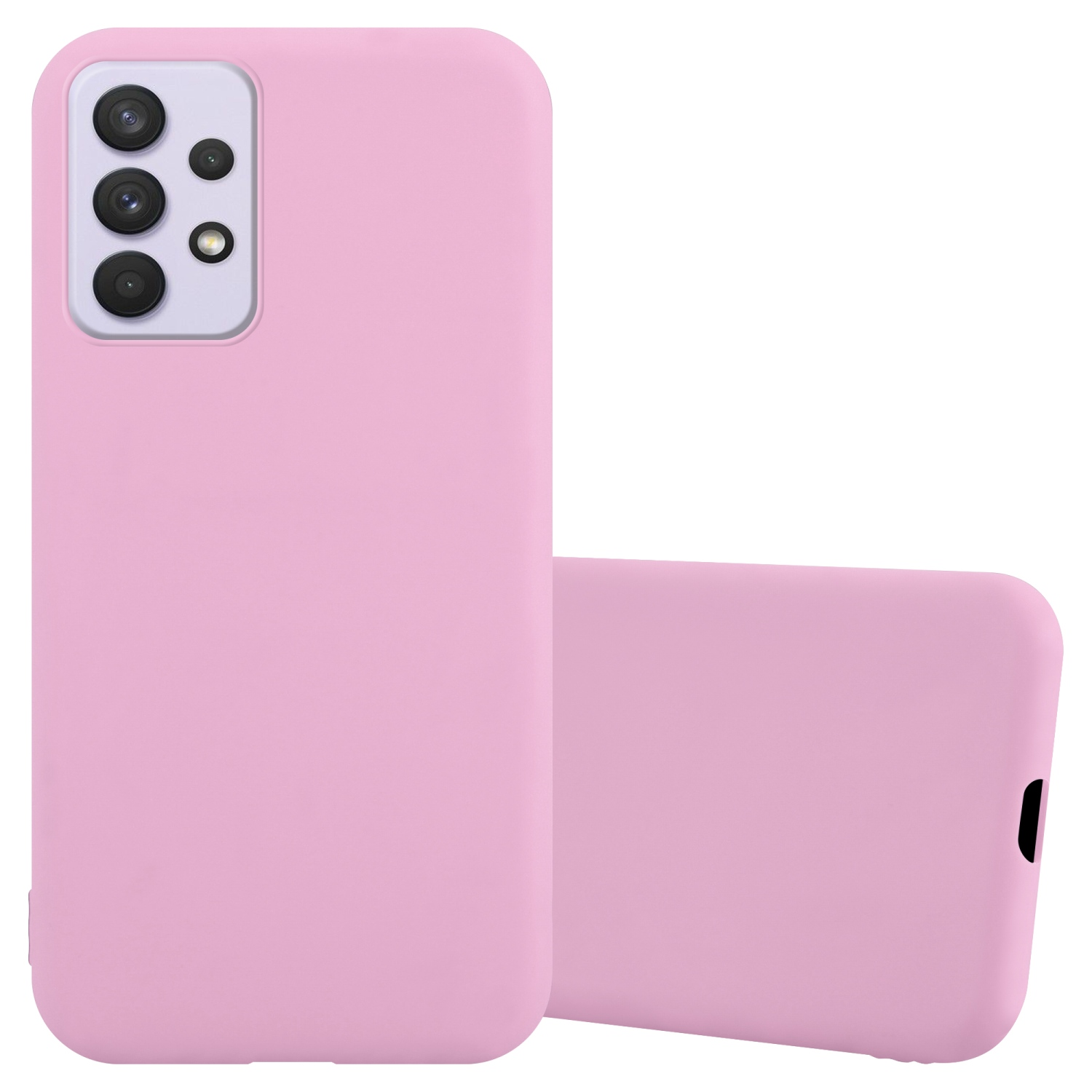 Custodia rosa per telefono con dettagli della fotocamera. Seconda custodia dietro. Sfondo bianco.