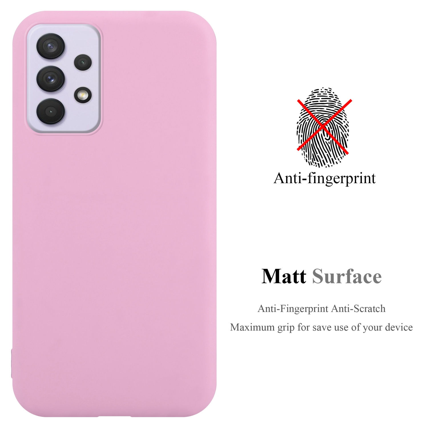 Custodia per telefono rosa con telefono a sinistra e testo anti-impronte su sfondo bianco.
