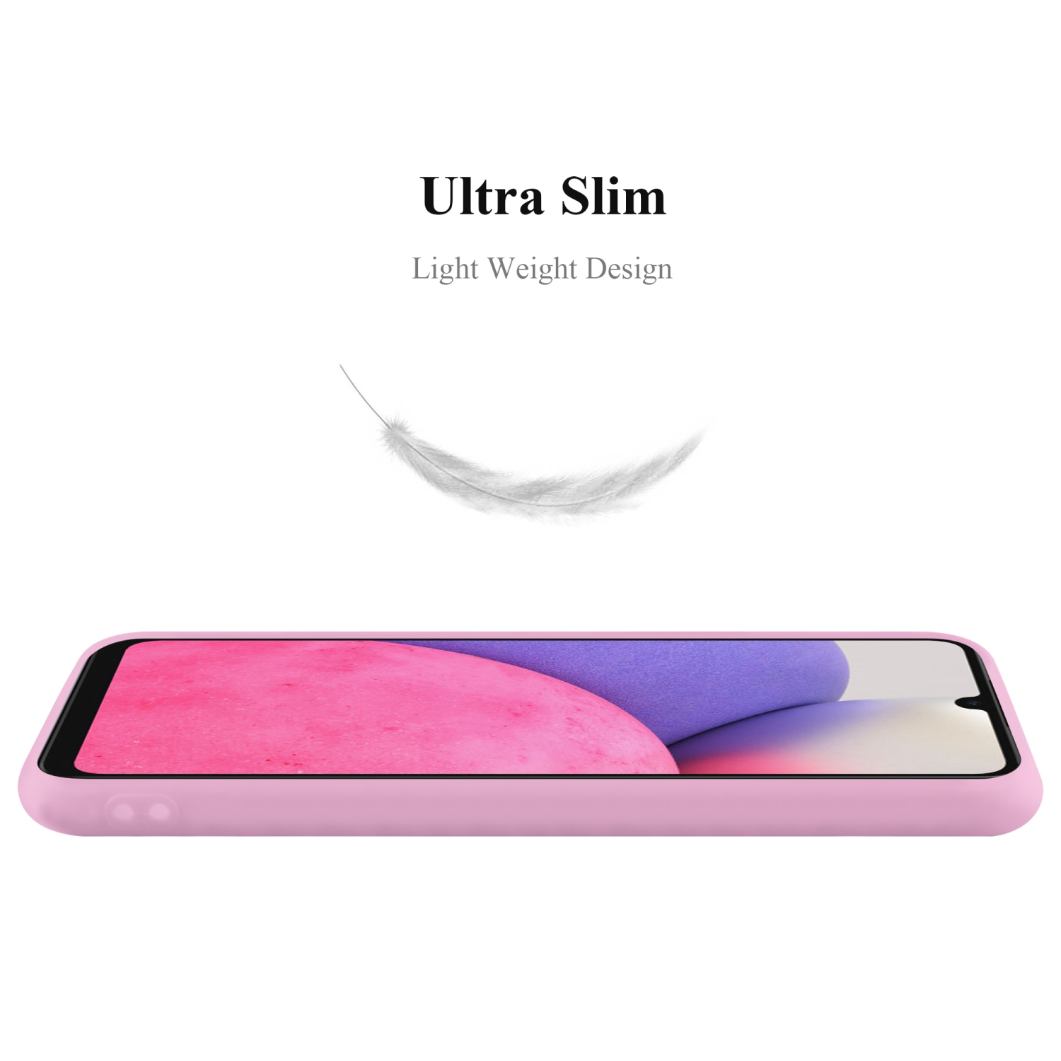 Un telefono in una custodia rosa. Il telefono è su sfondo bianco, con una leggera piuma.