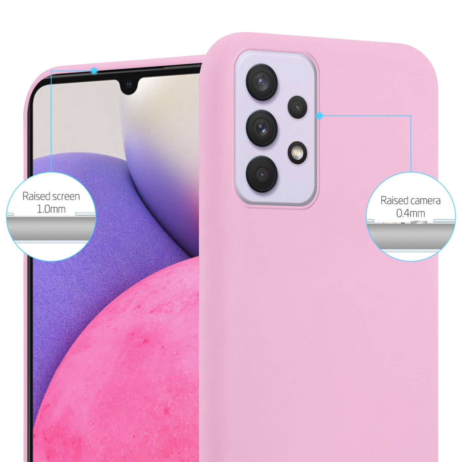 Custodia rosa per telefono con fotocamera e schermo rialzati su sfondo bianco.