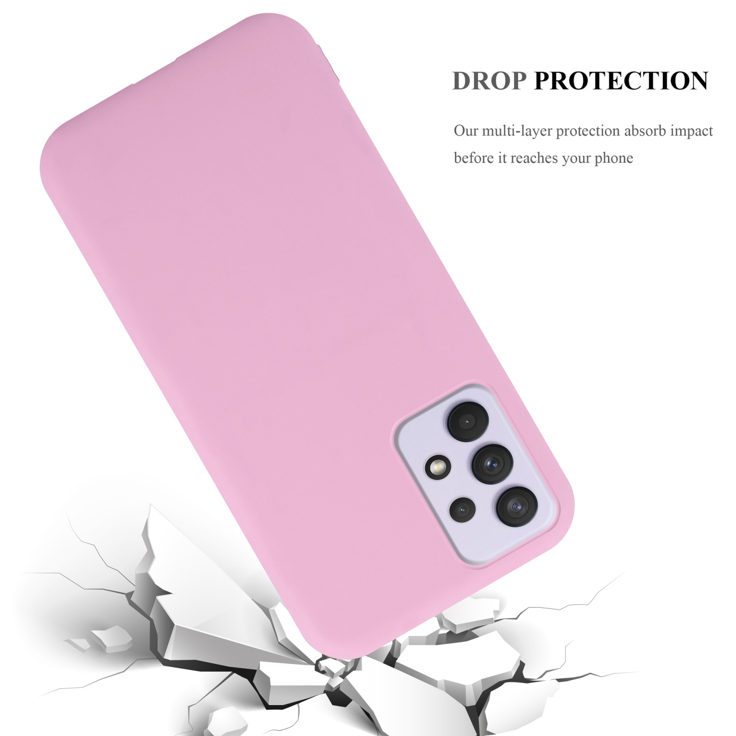 Custodia rosa. La custodia è su una superficie con crepe. Testo: Protezione dalle cadute.
