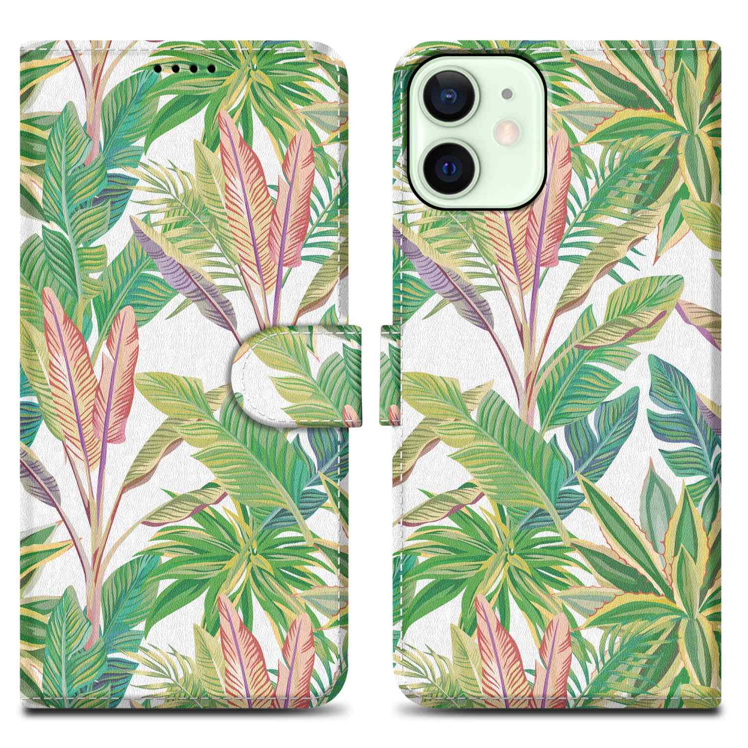 Custodia per telefono con motivo a foglie tropicali. Il telefono è all'interno della custodia. Sfondo bianco.