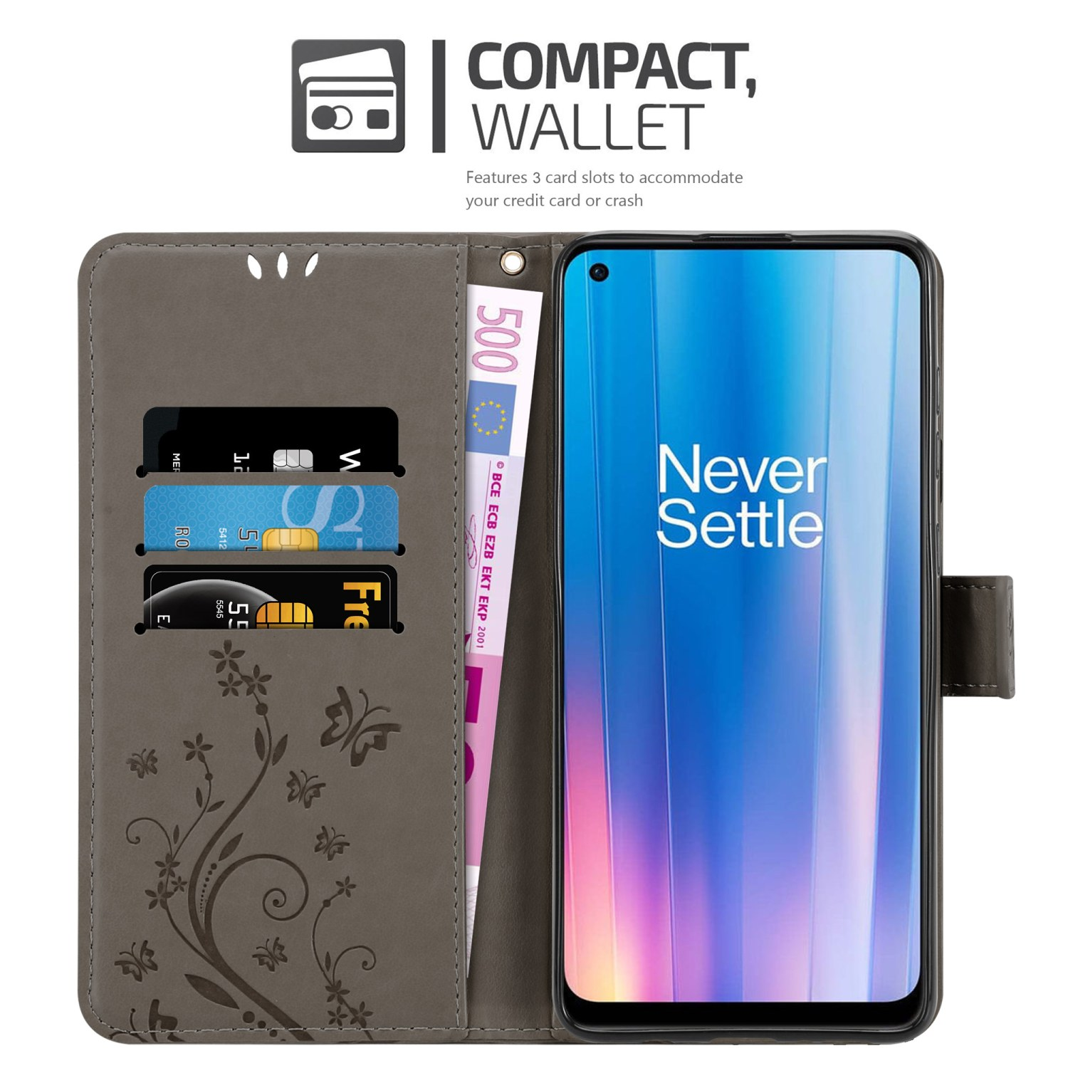 Custodia per telefono aperta con telefono e carte. Custodia grigia con design floreale. Carte e una banconota euro visibili.