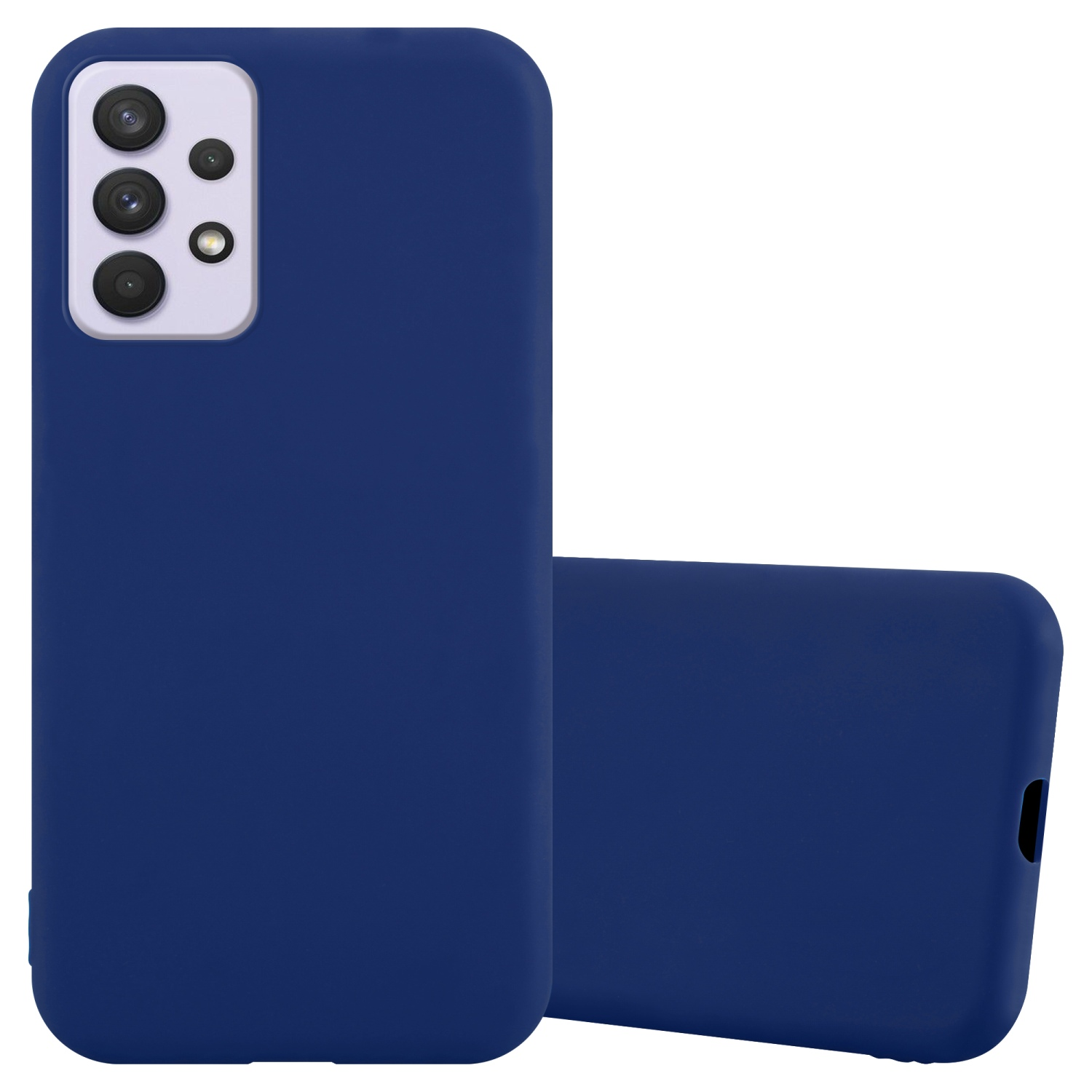 Due custodie blu per telefono su superficie bianca. Una in piedi, l'altra inclinata. Lenti in quadrato bianco.