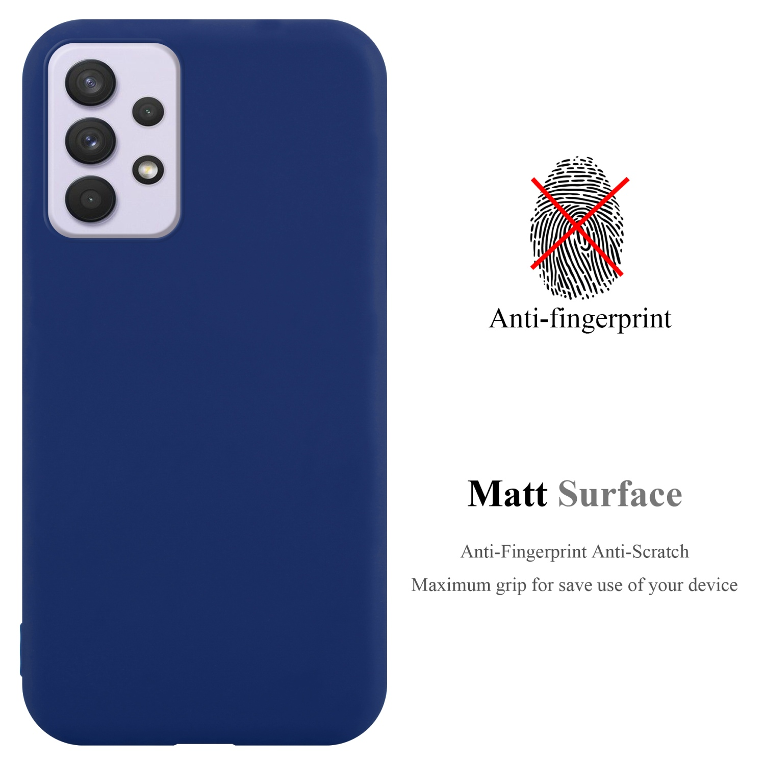 Una custodia per telefono blu e un telefono. La custodia ha una superficie opaca ed è anti-impronta. Lo sfondo è bianco.