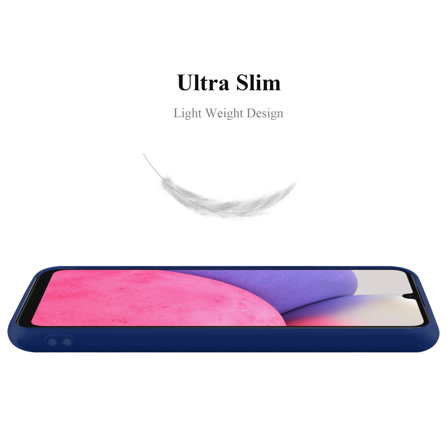 Una custodia blu per telefono, ultra sottile, con una piuma bianca su sfondo bianco.